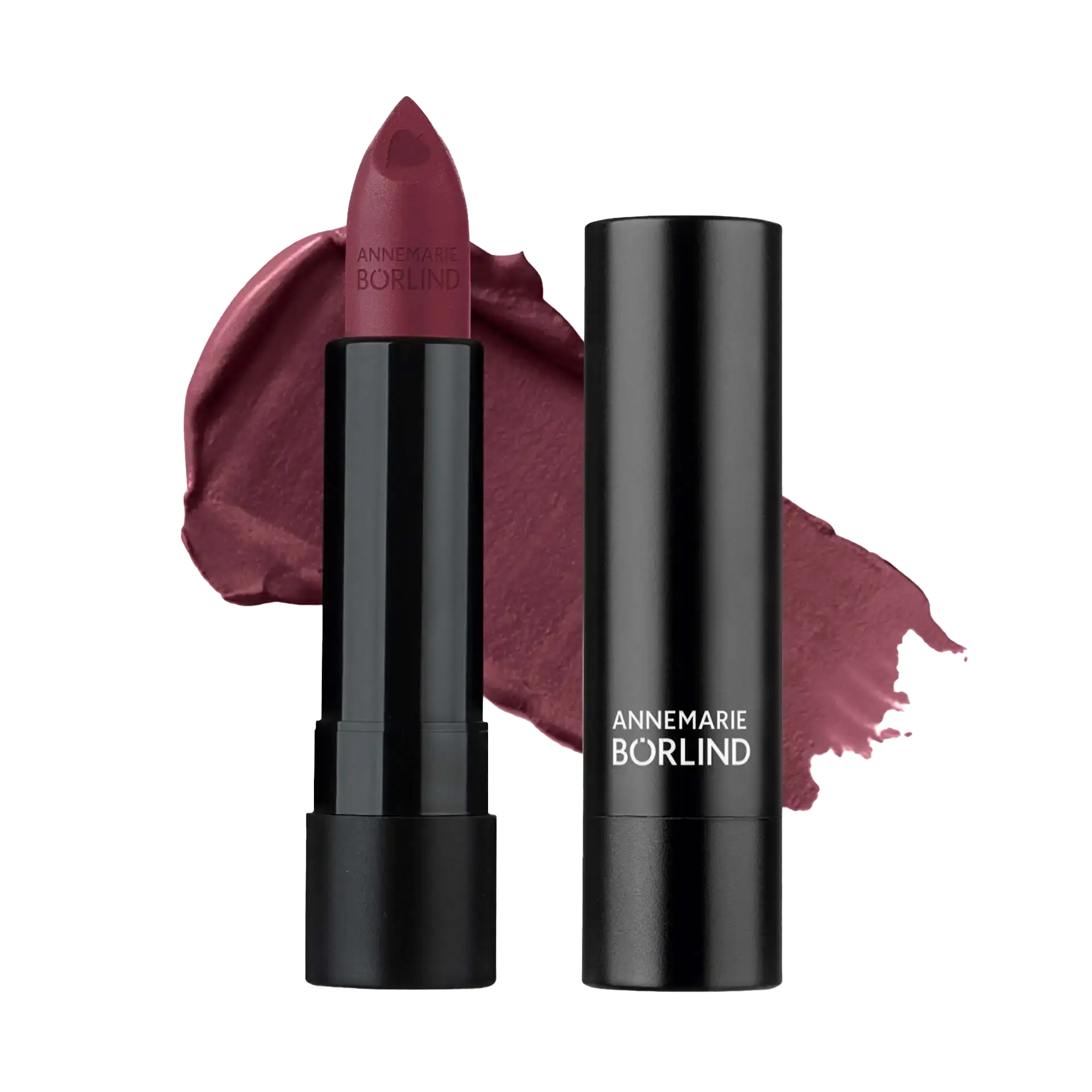 ANNEMARIE BÖRLIND Lippenstift in dunklem Cassis mit schwarzer Hülse und Farbauftrag im Hintergrund