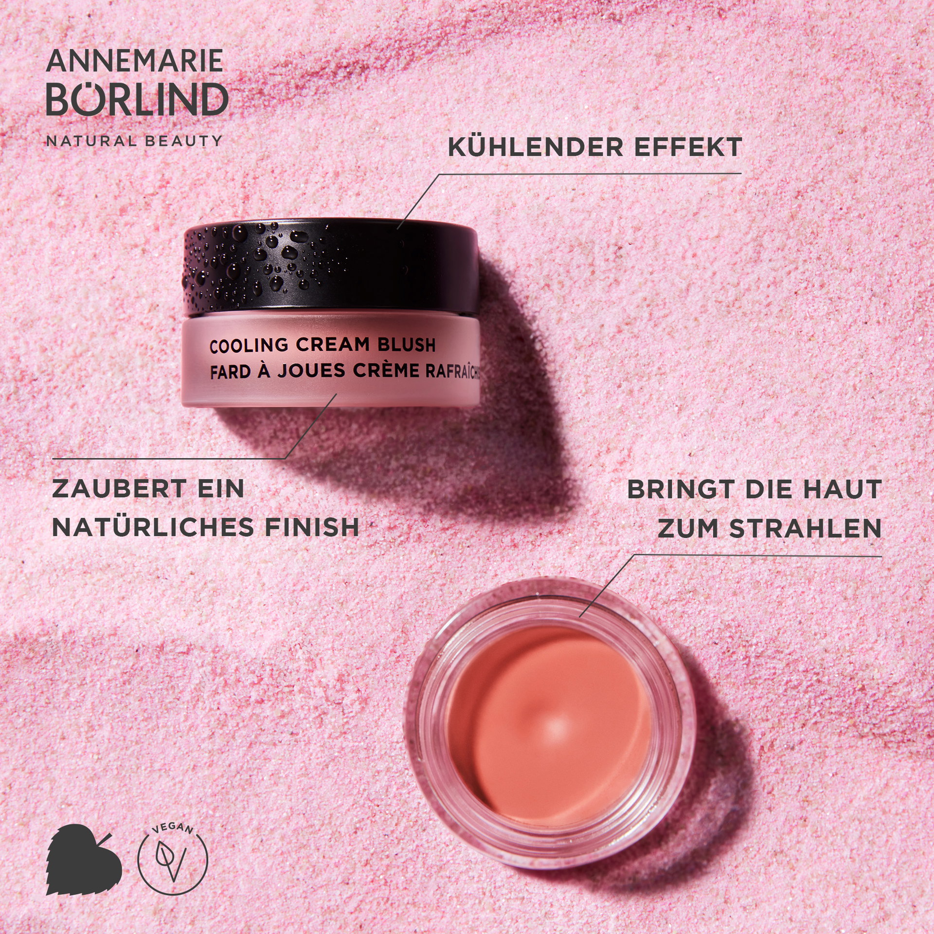 ANNEMARIE BÖRLIND Cooling Cream Blush mit kühlendem Effekt und natürlichem Finish auf rosa Hintergrund