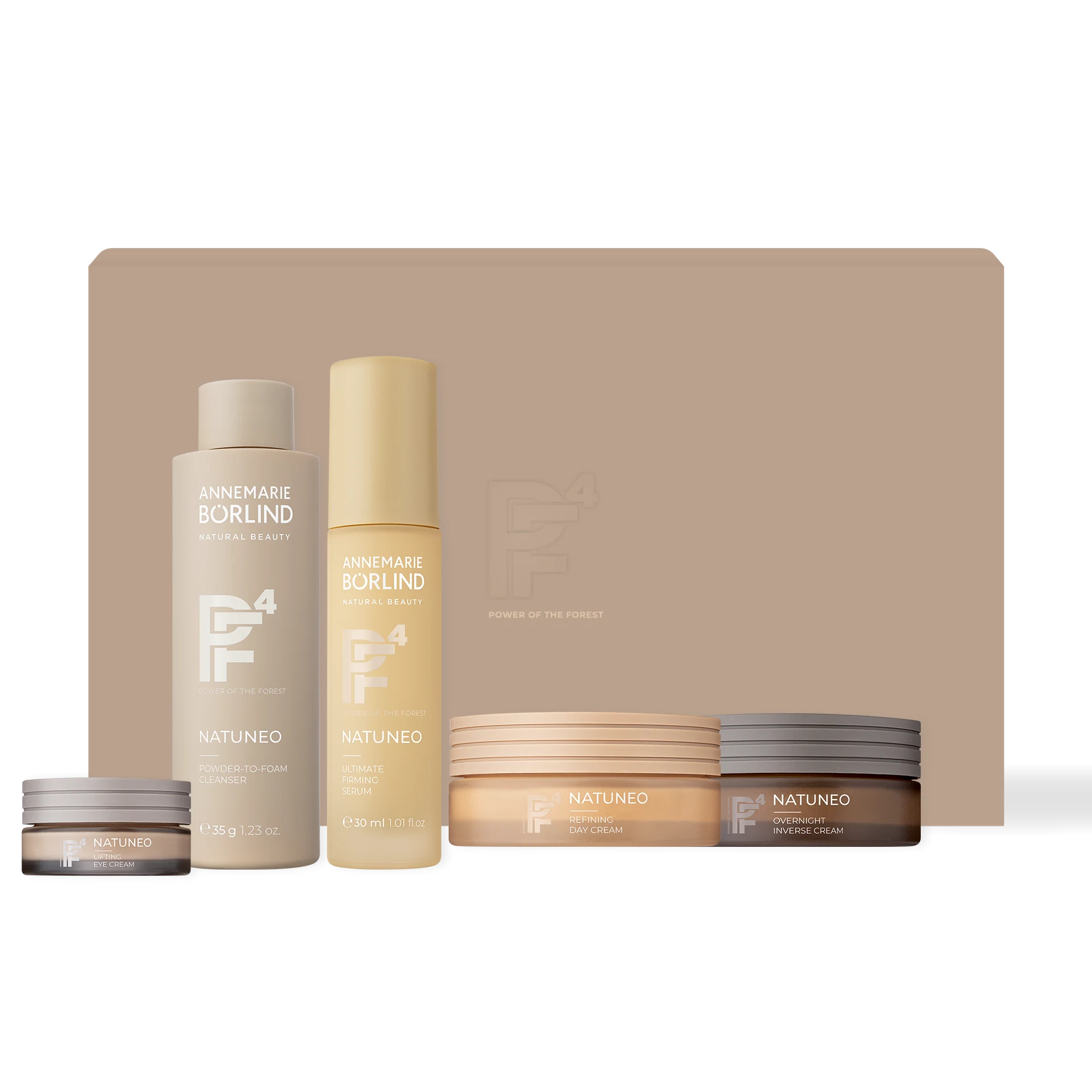 ANNEMARIE BÖRLIND NATUNEO Cleanser, Serum, Lifting Eye Cream, Day Cream und Overnight Cream vor beiger Box