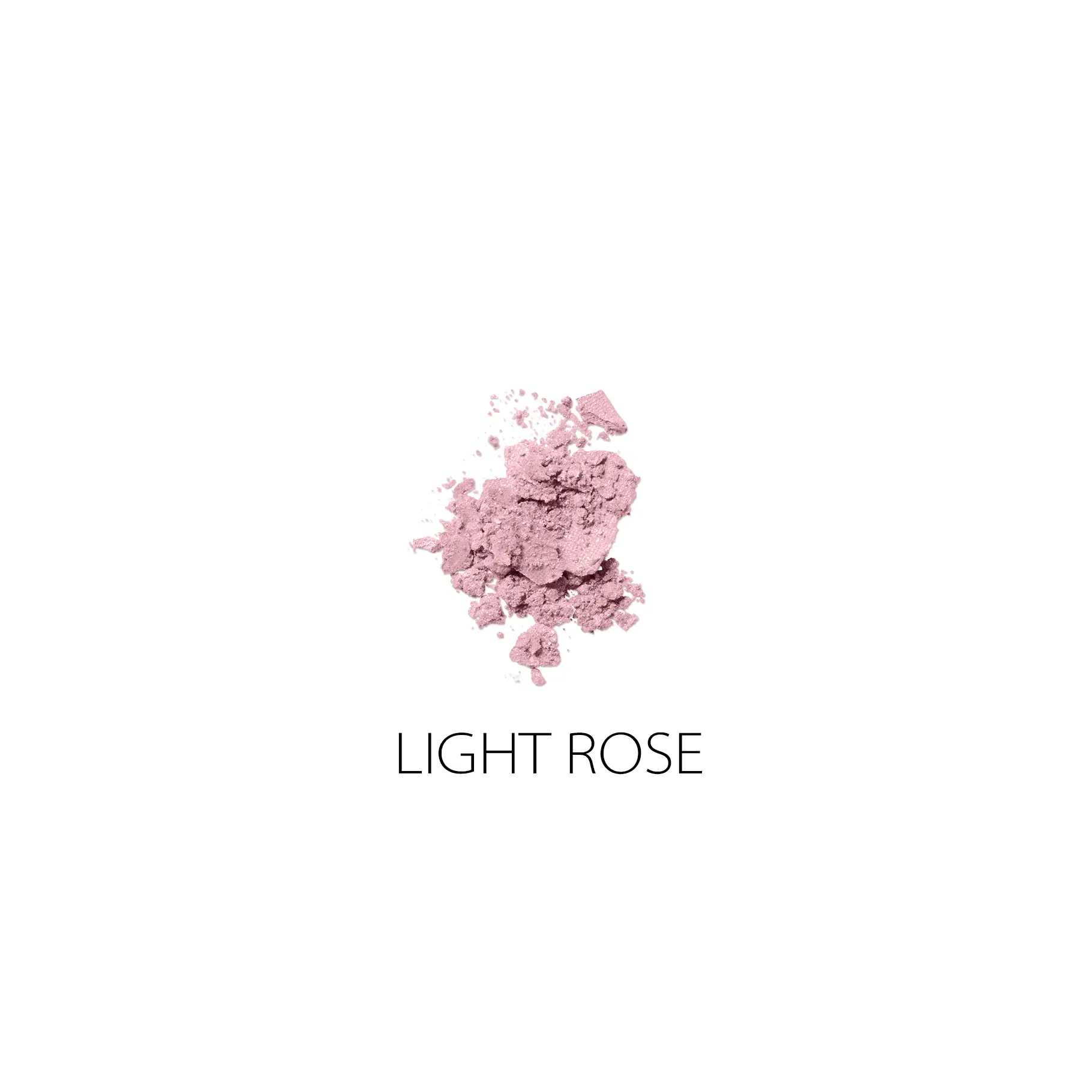 Zerbröselter Lidschatten in heller Roséfarbe auf weißem Hintergrund mit Schriftzug "LIGHT ROSE