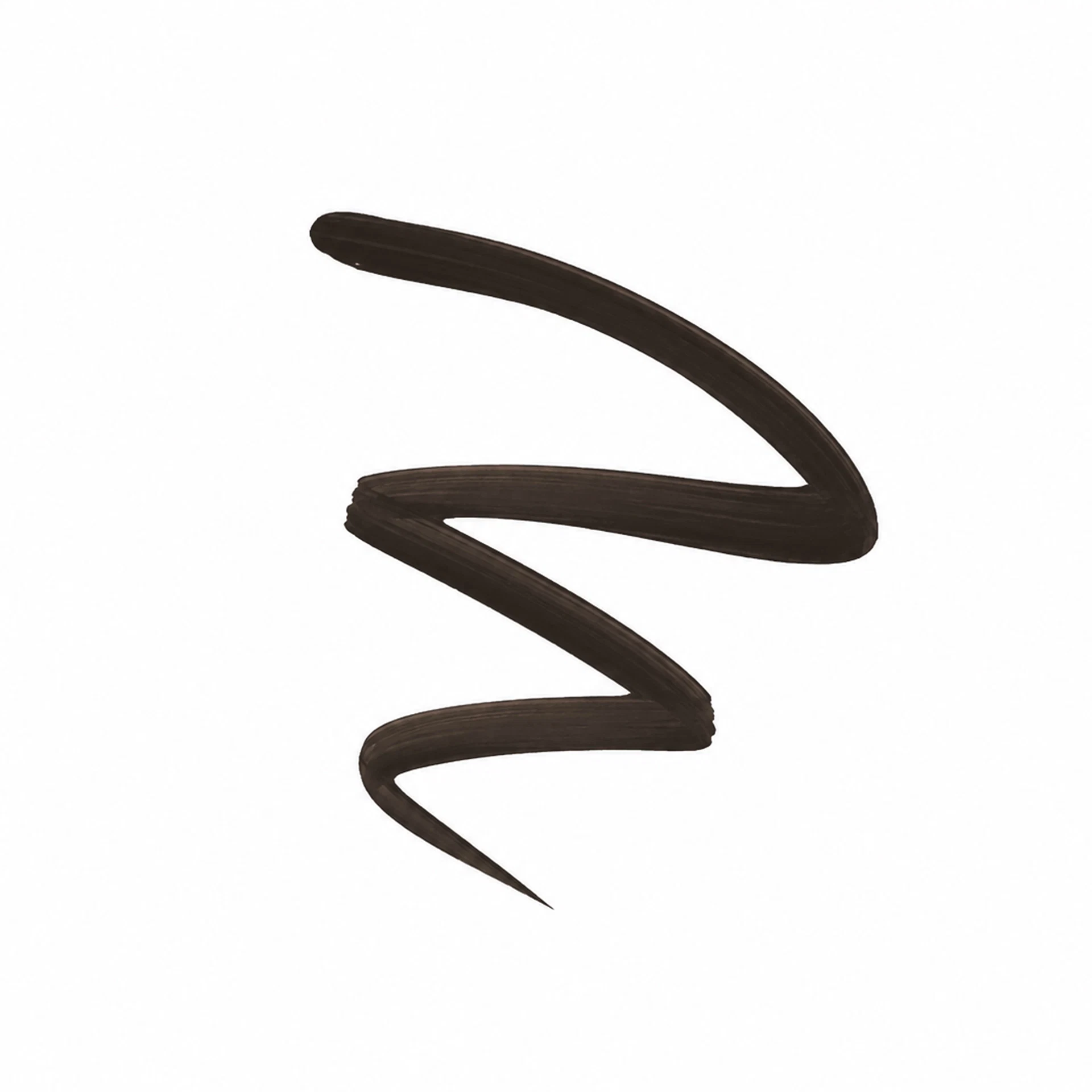 Geschwungener Swatch eines dunkelbraunen Liquid Eyeliners mit feiner, präziser Linienführung auf weißem Hintergrund.