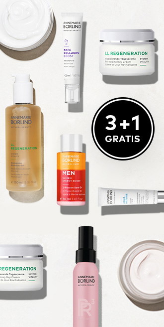 Verschiedene ANNEMARIE BÖRLIND Produkte liegend vor beigem Hintergrund mit Badge 3+1 Gratis