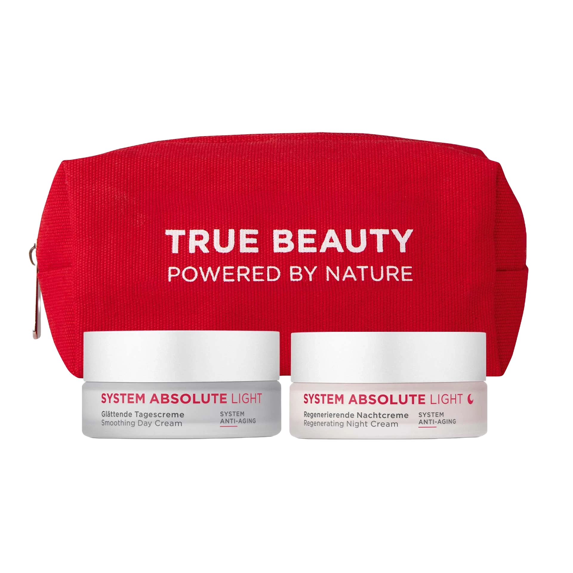 SYSTEM ABSOLUTE LIGHT Tages- und Nachtcreme mit Anti-Aging-Effekt vor rotem Kosmetikbeutel mit Schriftzug True Beauty