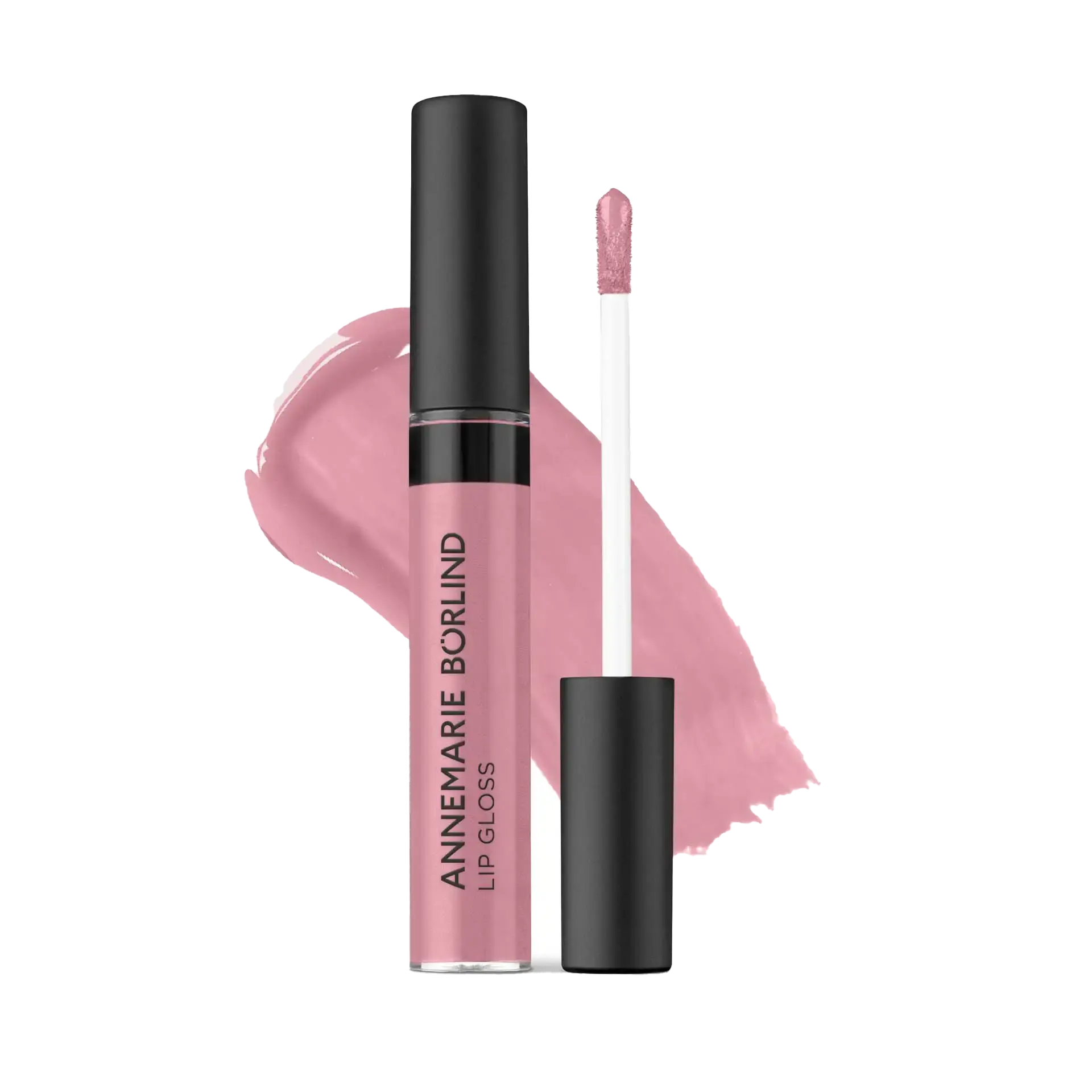 ANNEMARIE BÖRLIND Lip Gloss in Rosé mit Applikator und Farbauftrag im Hintergrund