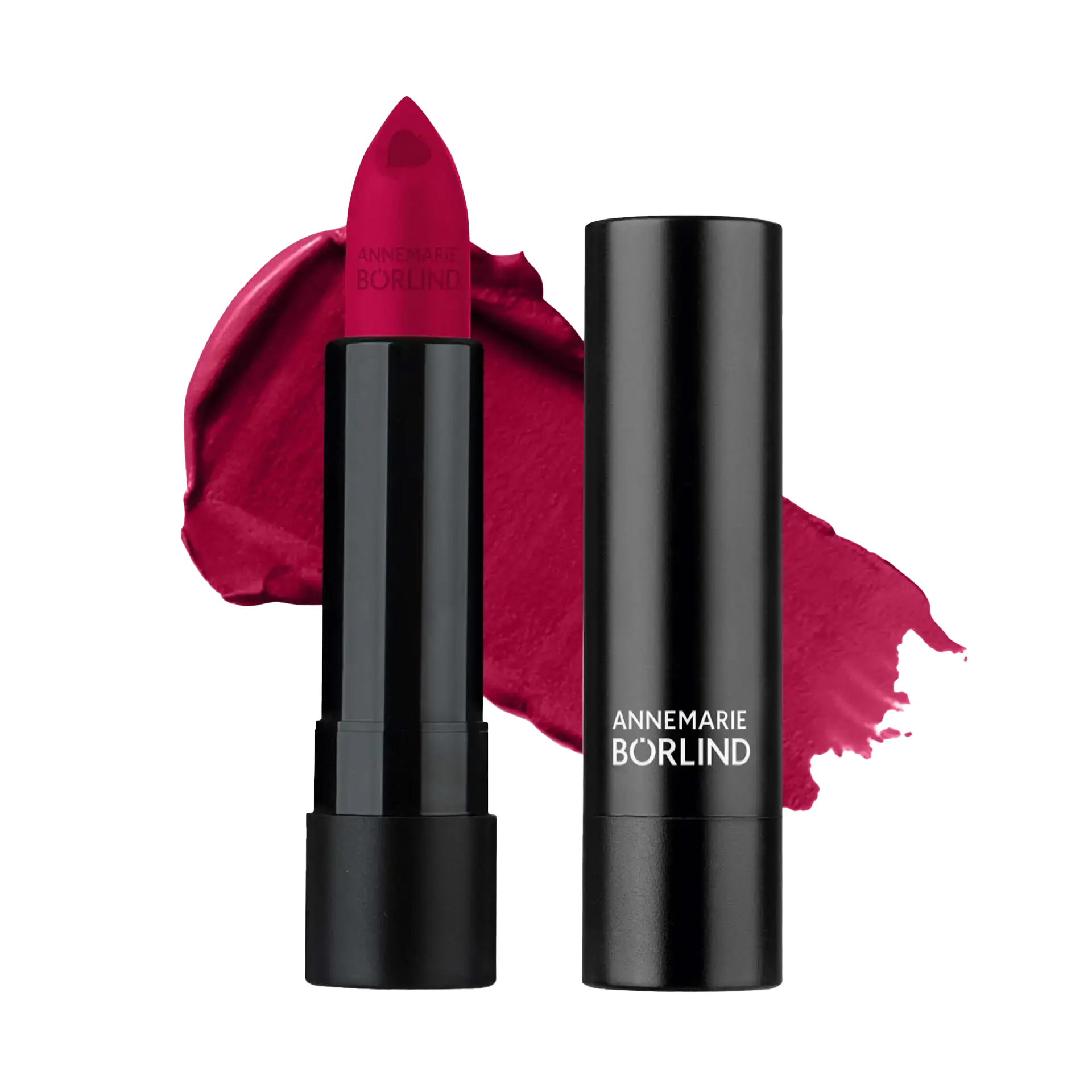 ANNEMARIE BÖRLIND matt roter Lippenstift mit schwarzer Hülse und Lippenstiftfarbe als Hintergrund