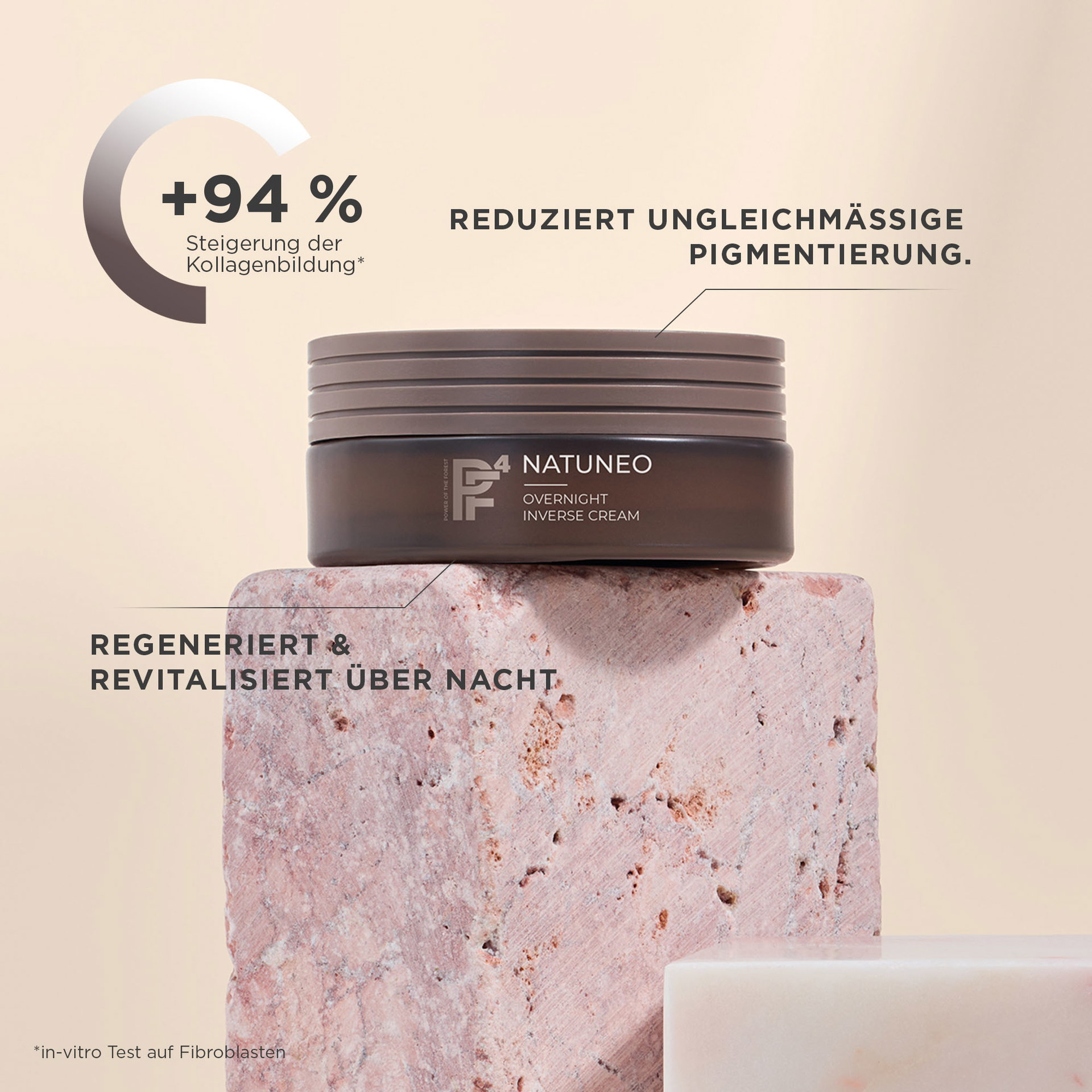 NATUNEO Overnight Inverse Cream auf Steinblock, steigert Kollagenbildung um 94 %, regeneriert nachts
