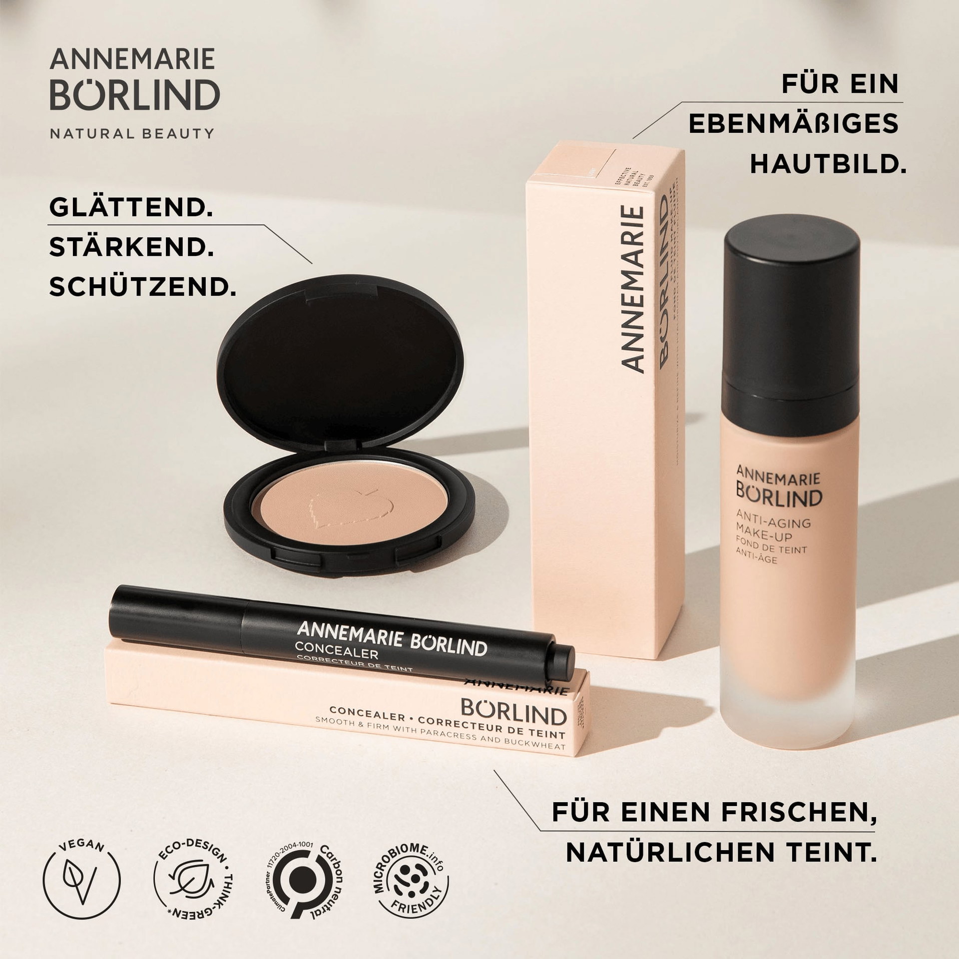 ANNEMARIE BÖRLIND Make-up mit Anti-Aging Foundation, Concealer und Puder für ebenmäßigen Teint