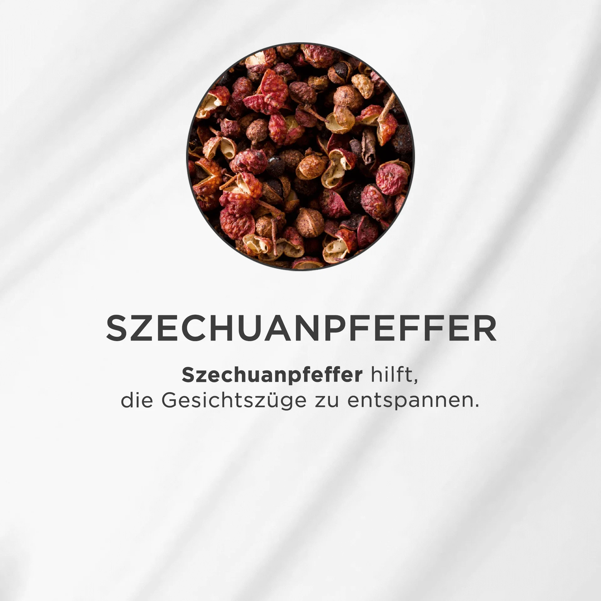 Nahaufnahme von getrocknetem Szechuanpfeffer in einer runden Schale auf weißem Hintergrund