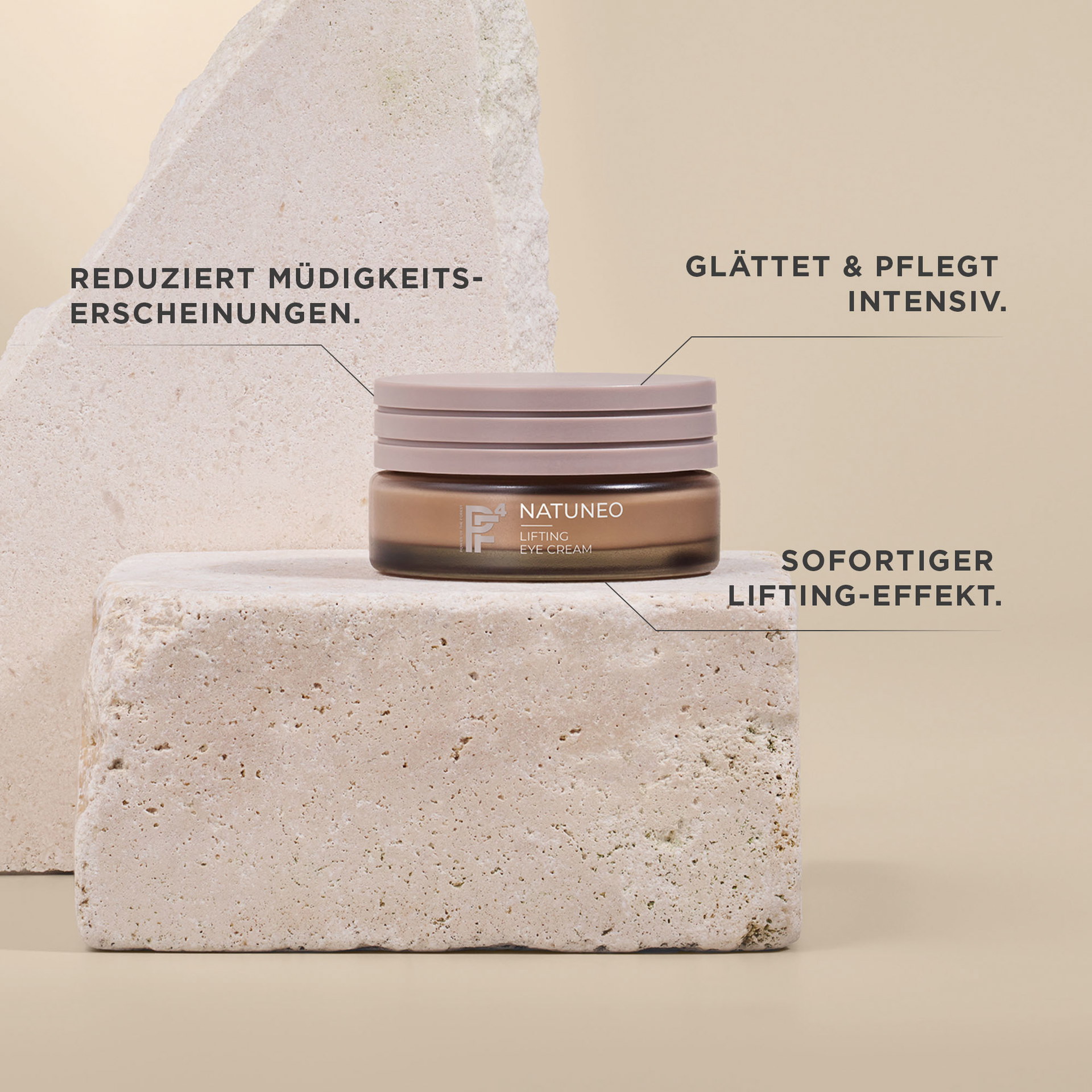 NATUNEO Lifting Eye Cream auf Stein mit Hinweisen zu Müdigkeitsreduktion, glättender Pflege und Lifting-Effekt