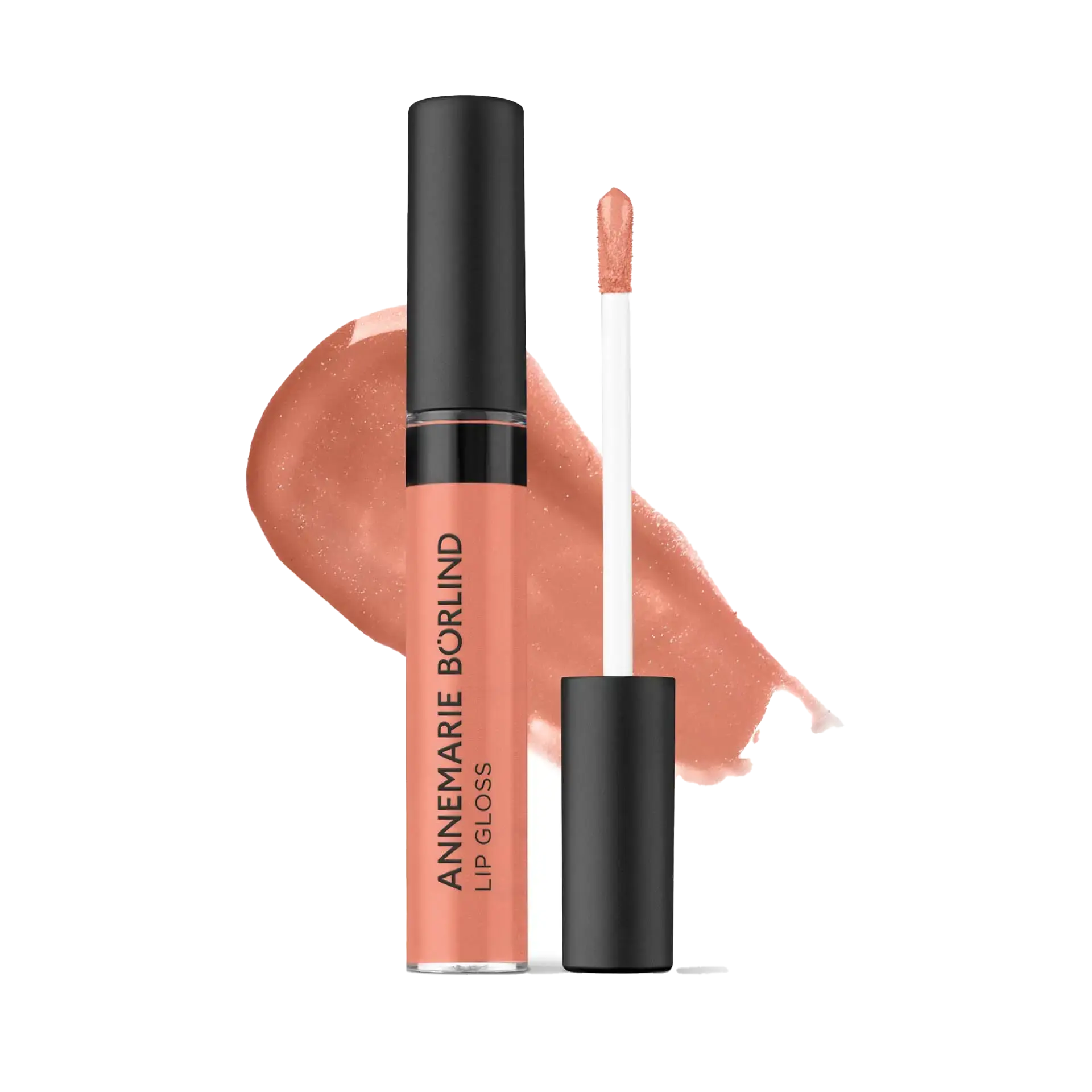 ANNEMARIE BÖRLIND Lip Gloss in Pfirsich mit glänzendem Finish und Applikator vor Farbswatch