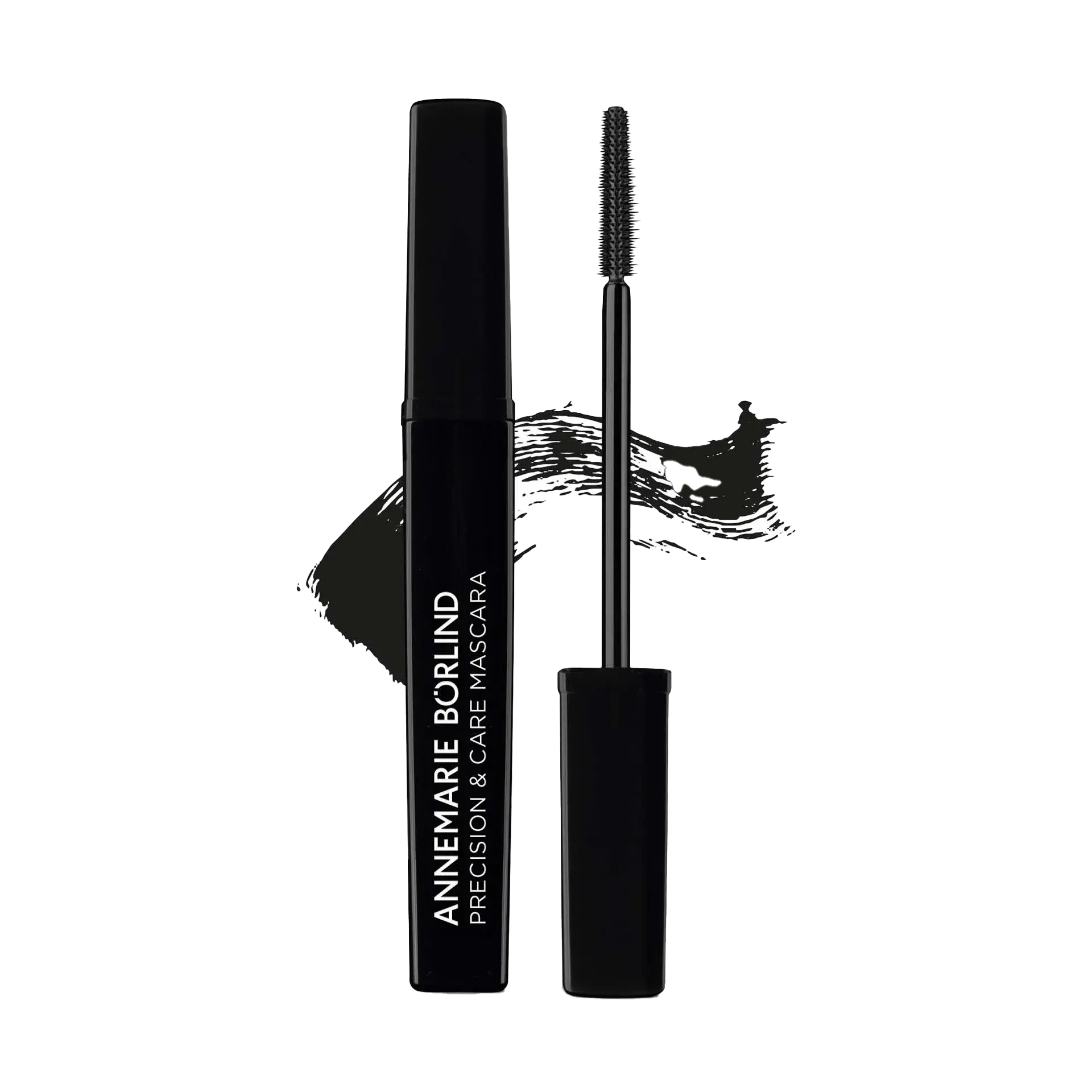 ANNEMARIE BÖRLIND Precision & Care Mascara in Schwarz mit Bürste und Farbstrich im Hintergrund