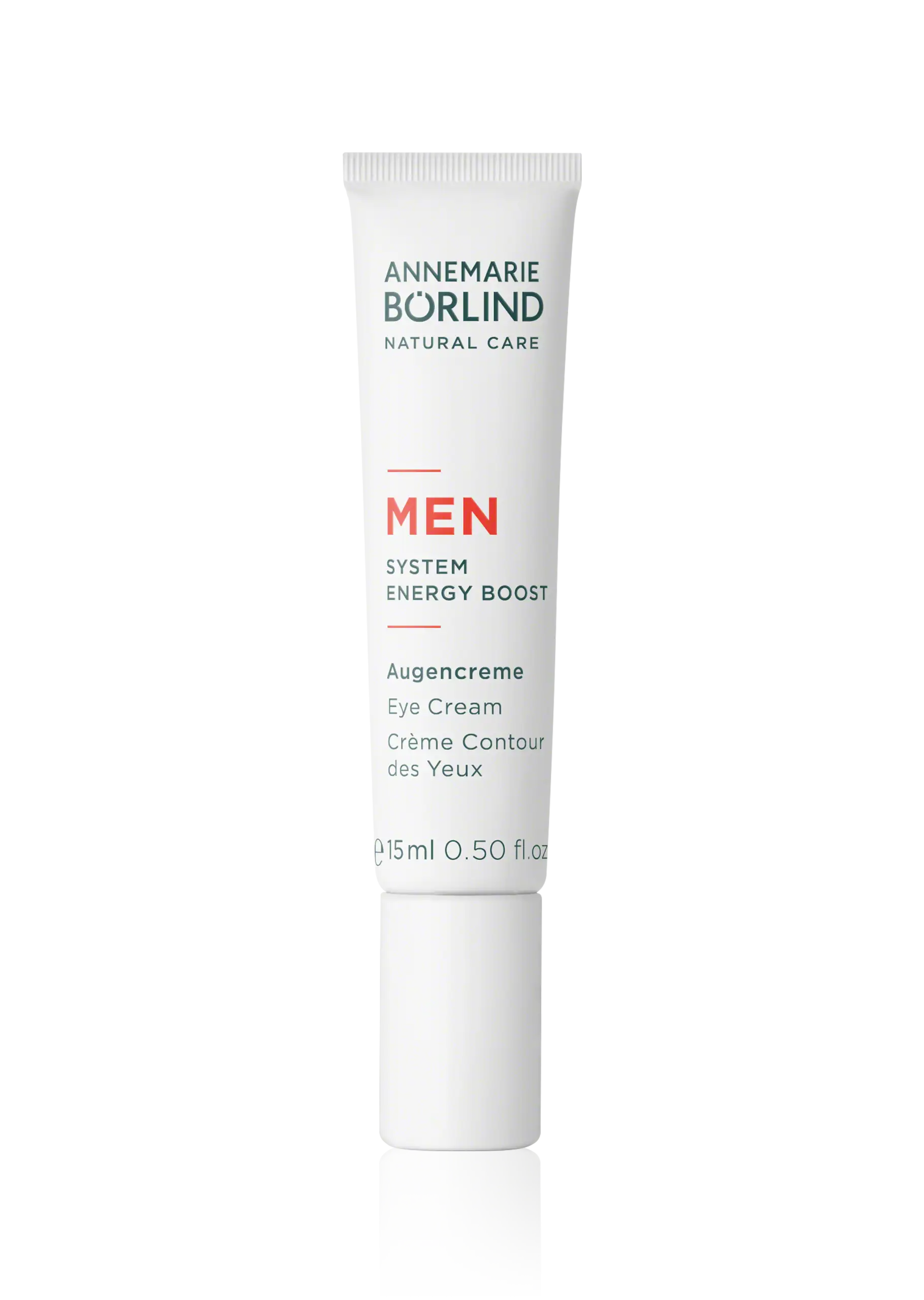 ANNEMARIE BÖRLIND MEN System Energy Boost Augencreme in 15 ml Tube vor schwarzem Hintergrund