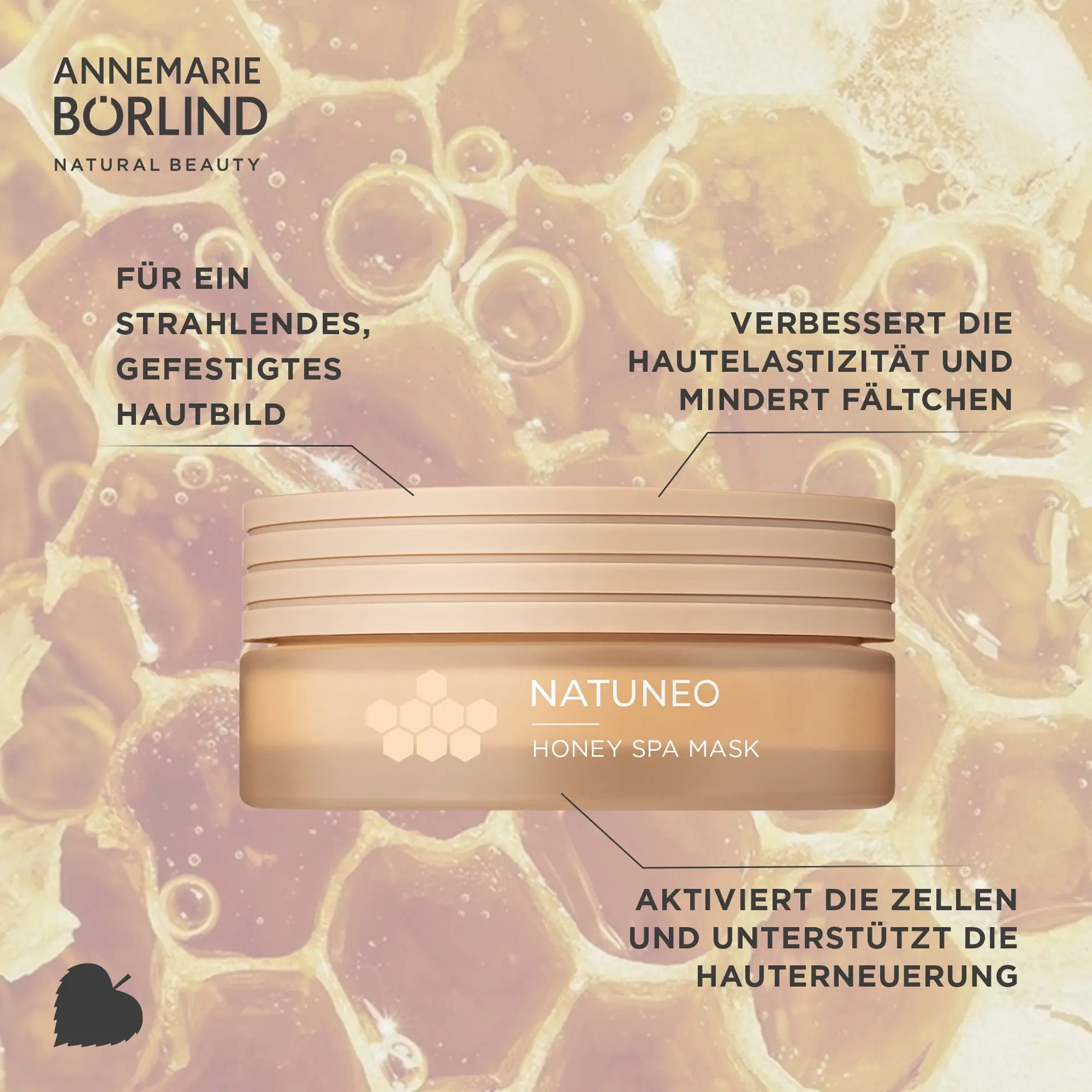 NATUNEO Honey Spa Mask vor Honigwaben-Hintergrund, verbessert Hautbild, Elastizität und Zellaktivierung