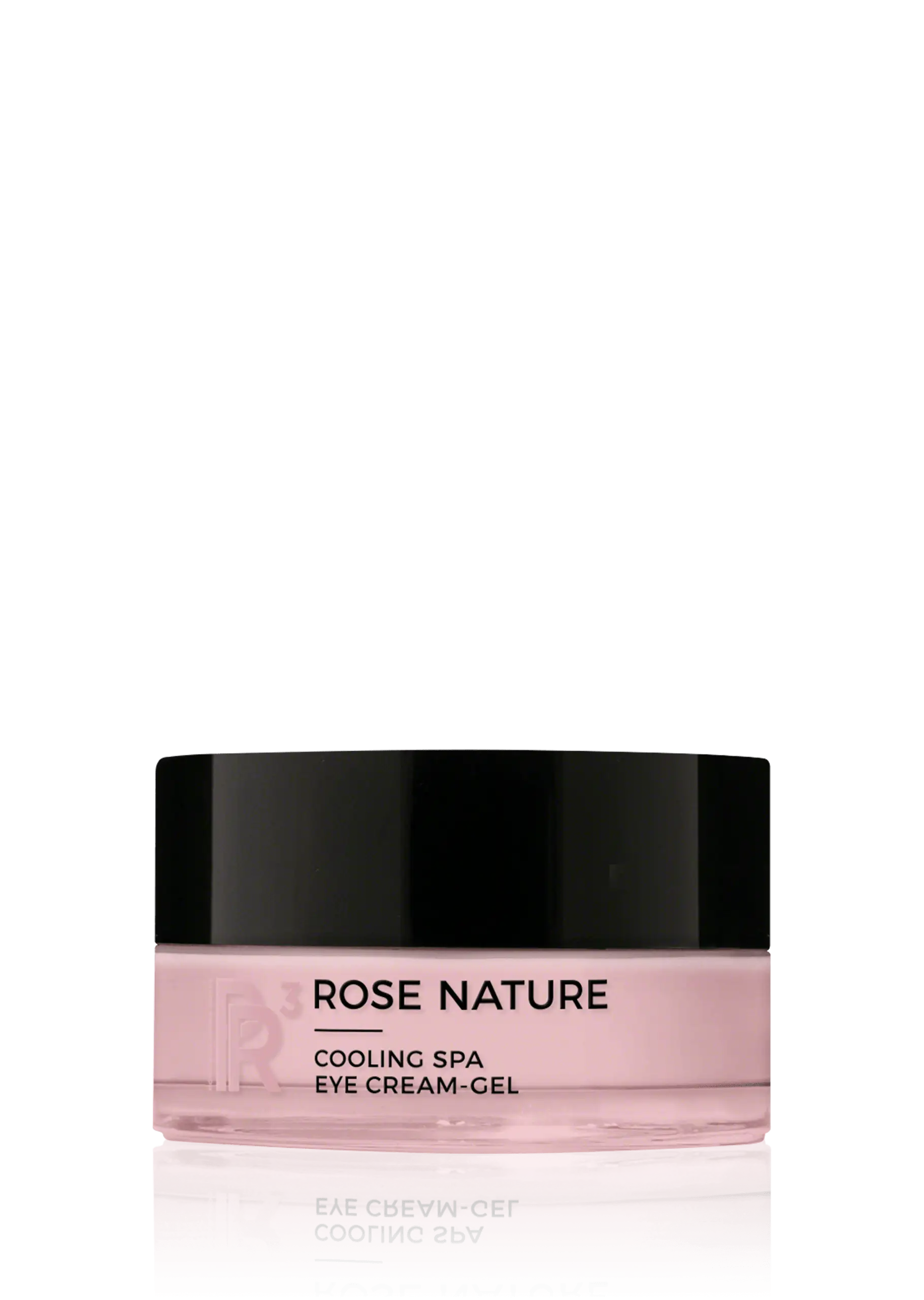 ROSE NATURE Cooling Spa Eye Cream-Gel im rosa Tiegel mit schwarzem Deckel vor schwarzem Hintergrund
