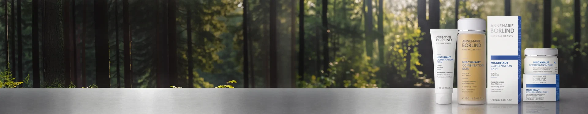 Mischhaut Produkte vor Waldhintergrund