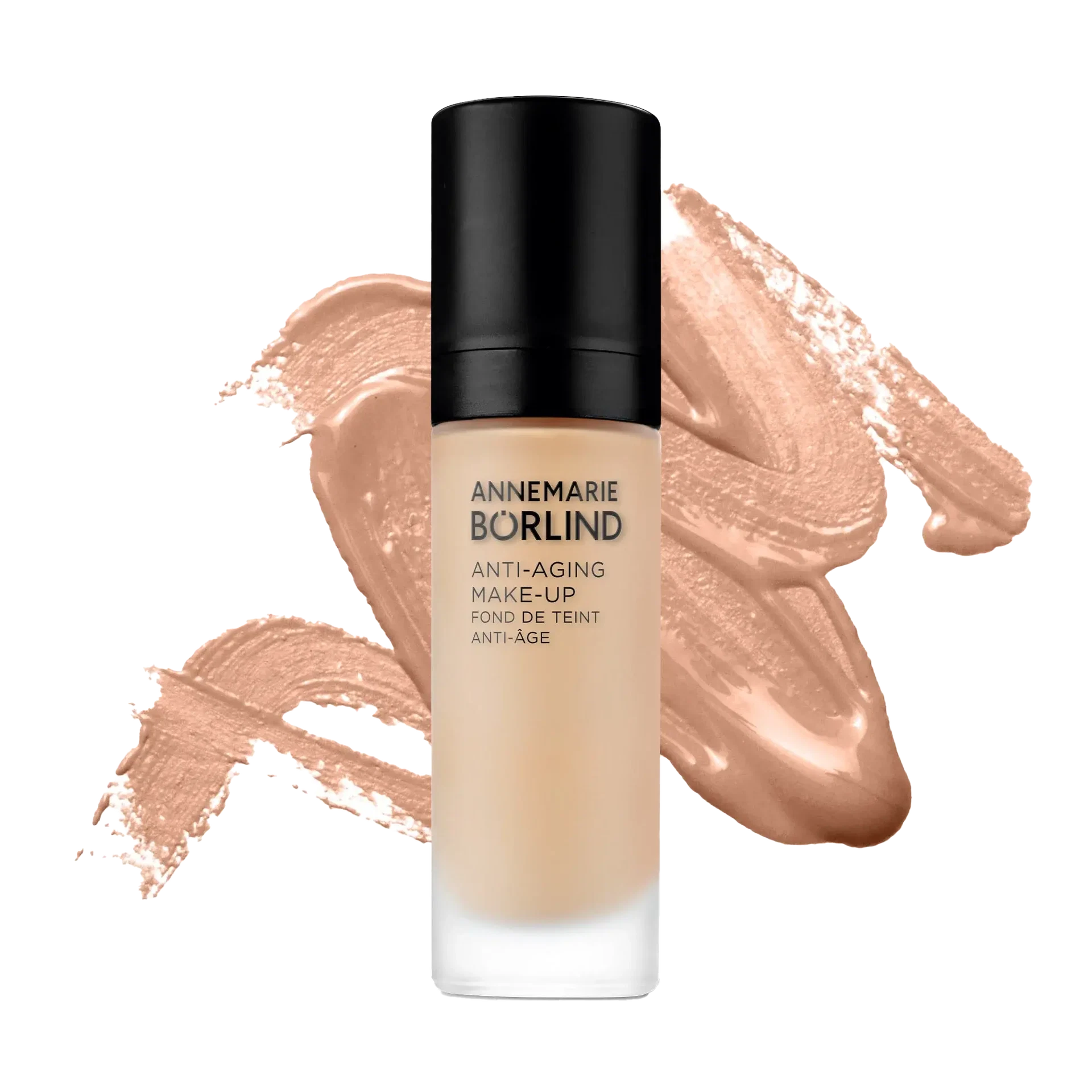 ANNEMARIE BÖRLIND Anti-Aging Make-up Foundation in Mandel mit cremigem Swatch im Hintergrund
