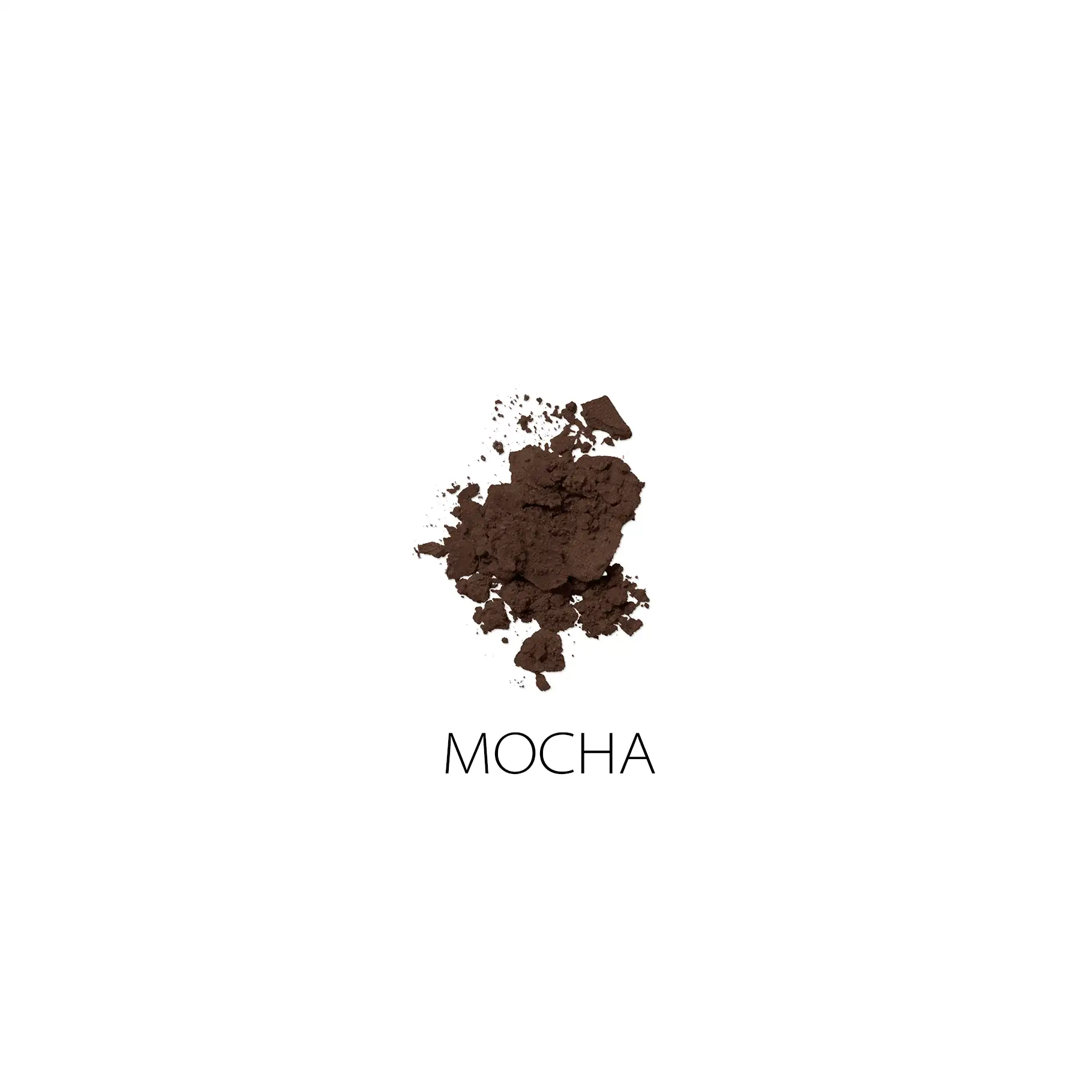 MOCHA Lidschattenpuder in dunklem Braun, zerbröckelt auf weißem Hintergrund