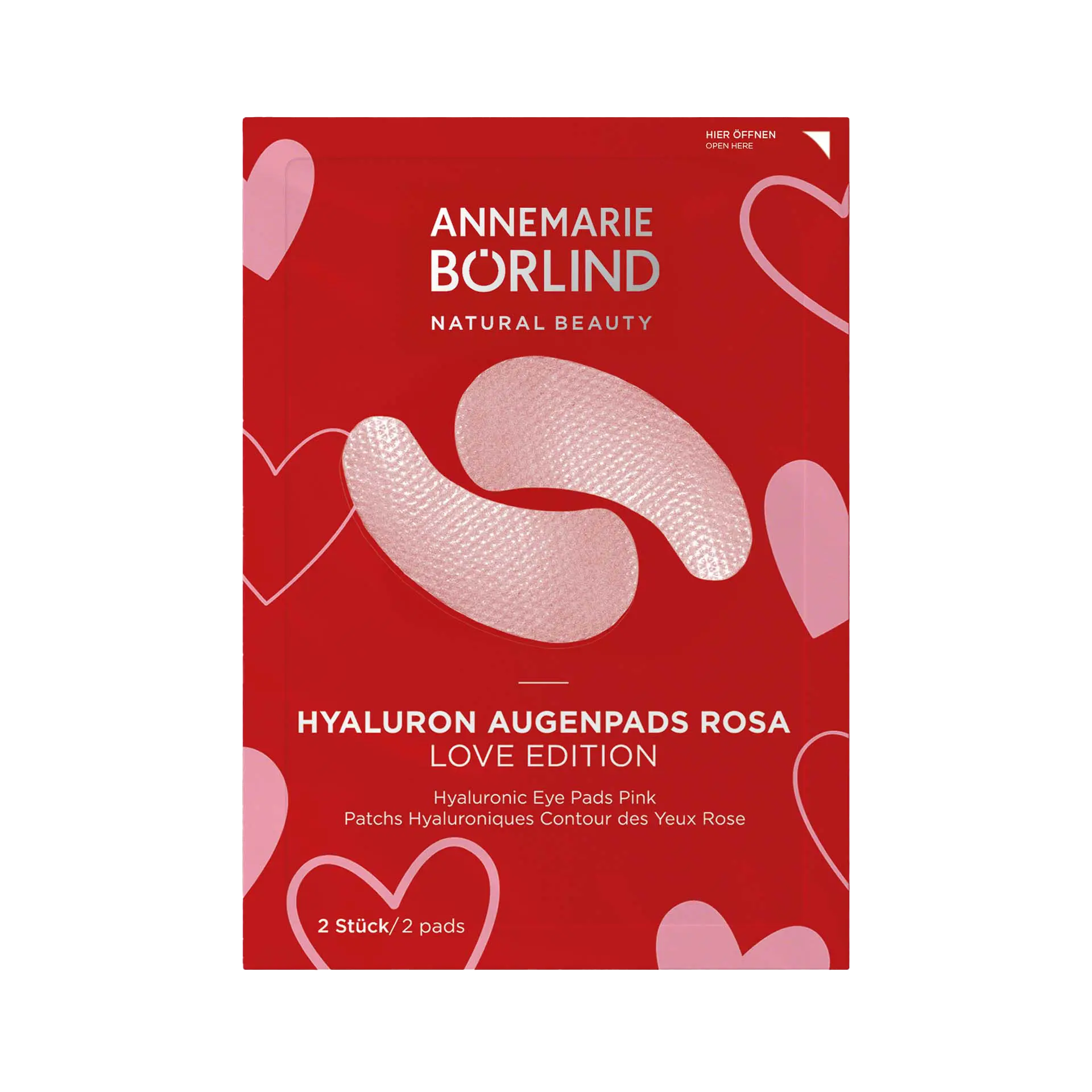 ANNEMARIE BÖRLIND Hyaluron Augenpads Love Edition in rot mit rosa Herzen, 6x2 Stück, feuchtigkeitsspendend