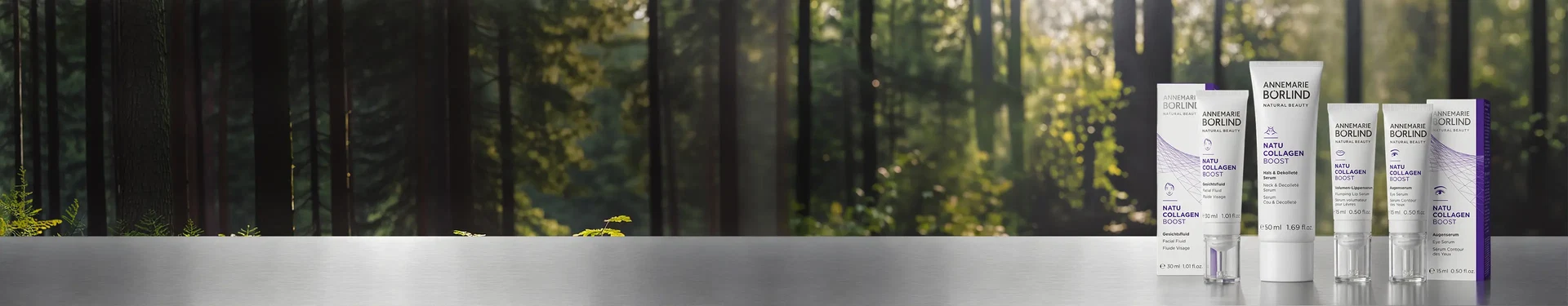 Natucollagen Boost Produkte vor Waldhintergrund