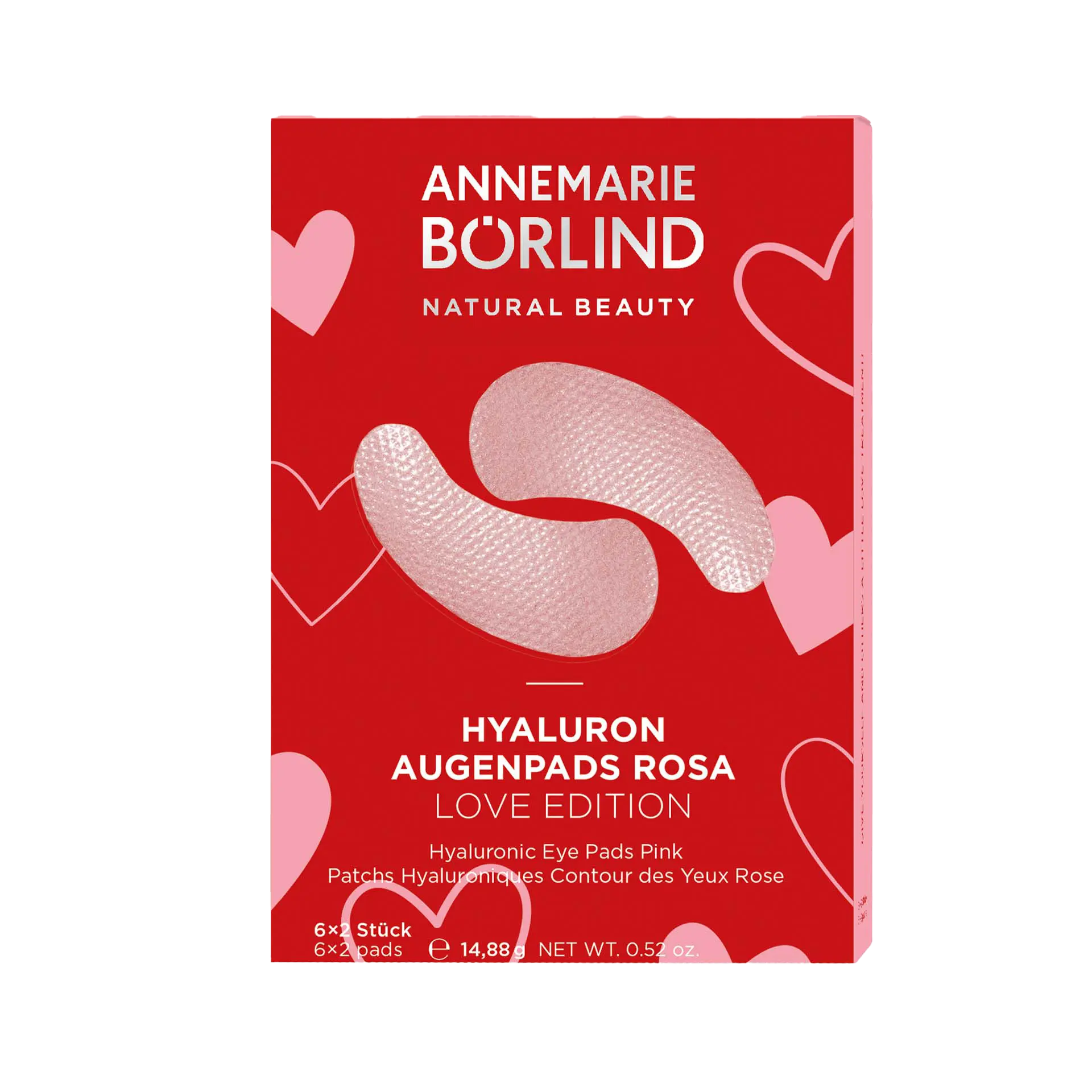 ANNEMARIE BÖRLIND Hyaluron Augenpads Love Edition in rot mit rosa Herzen, 6x2 Stück, feuchtigkeitsspendend