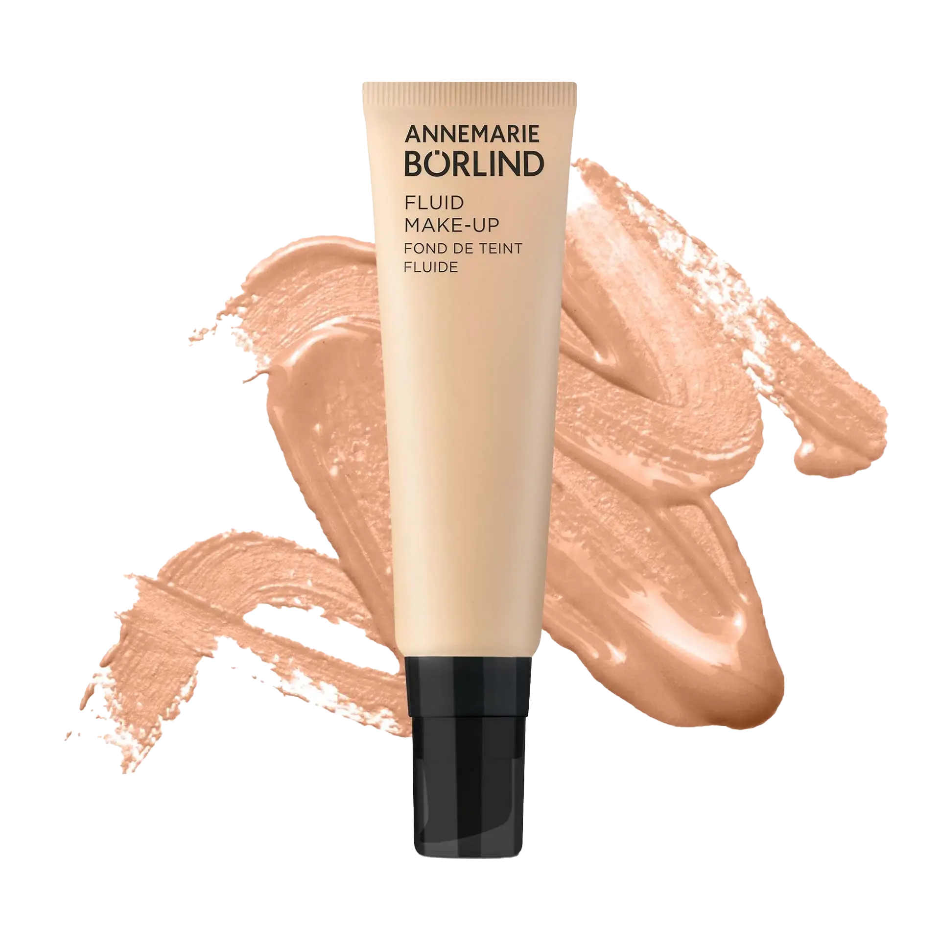 ANNEMARIE BÖRLIND Fluid Make-up in Beige mit cremiger Textur als Swatch im Hintergrund