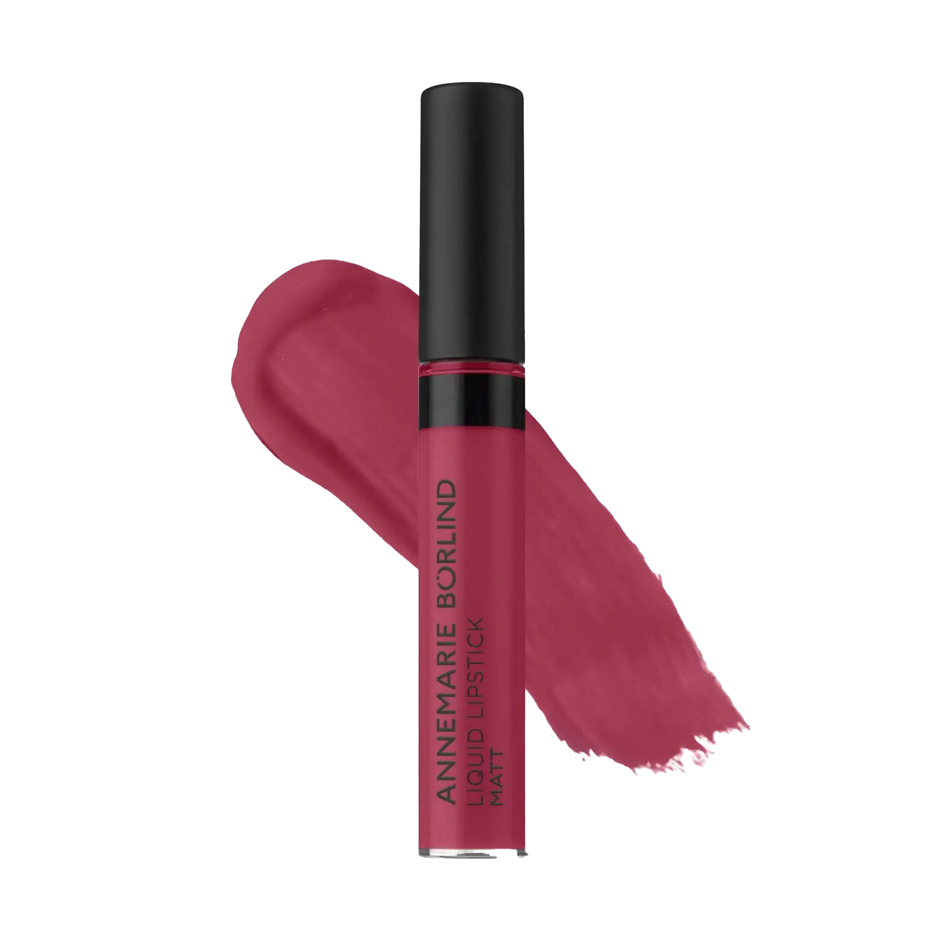 ANNEMARIE BÖRLIND Liquid Lipstick matt in Rosewood mit Lippenstift-Farbprobe im Hintergrund