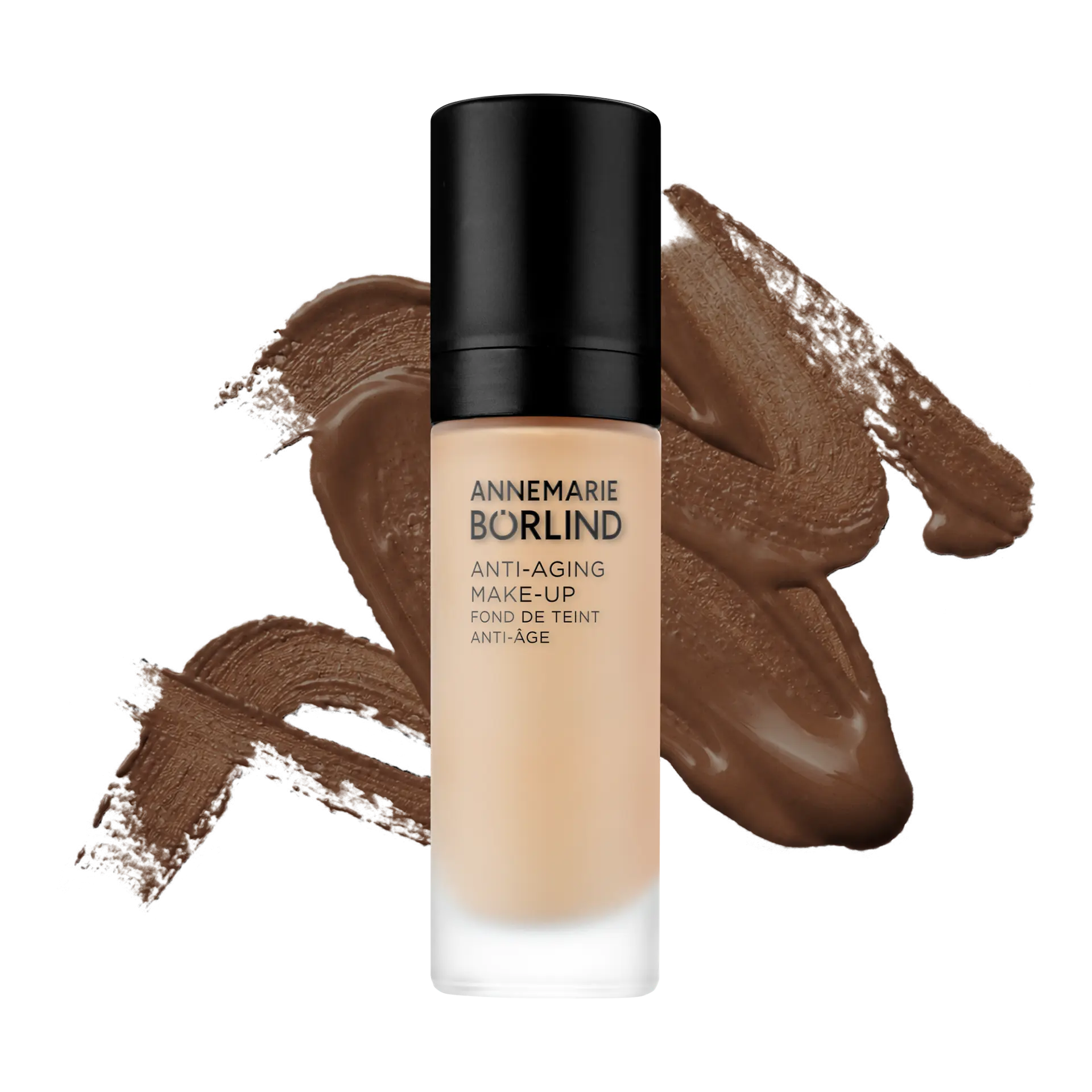 ANNEMARIE BÖRLIND Anti-Aging Make-up in Flasche vor walnussfarbenem Make-up-Swatch