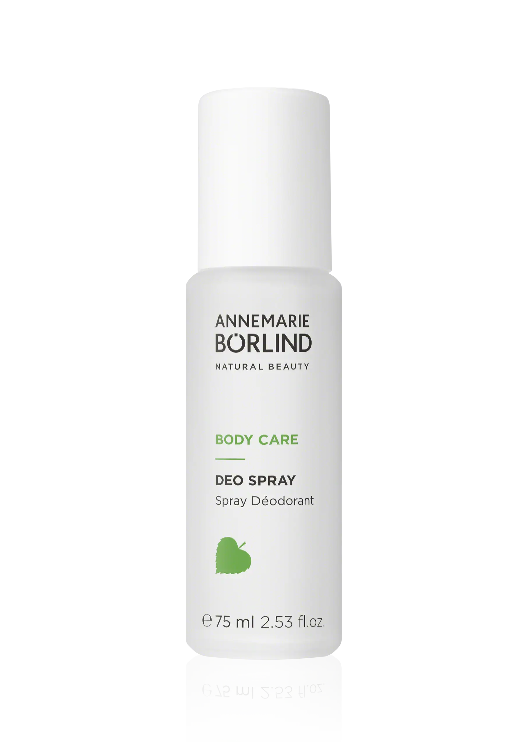 ANNEMARIE BÖRLIND Body Care Deo Spray in weißer 75-ml-Flasche mit grünem Blattsymbol