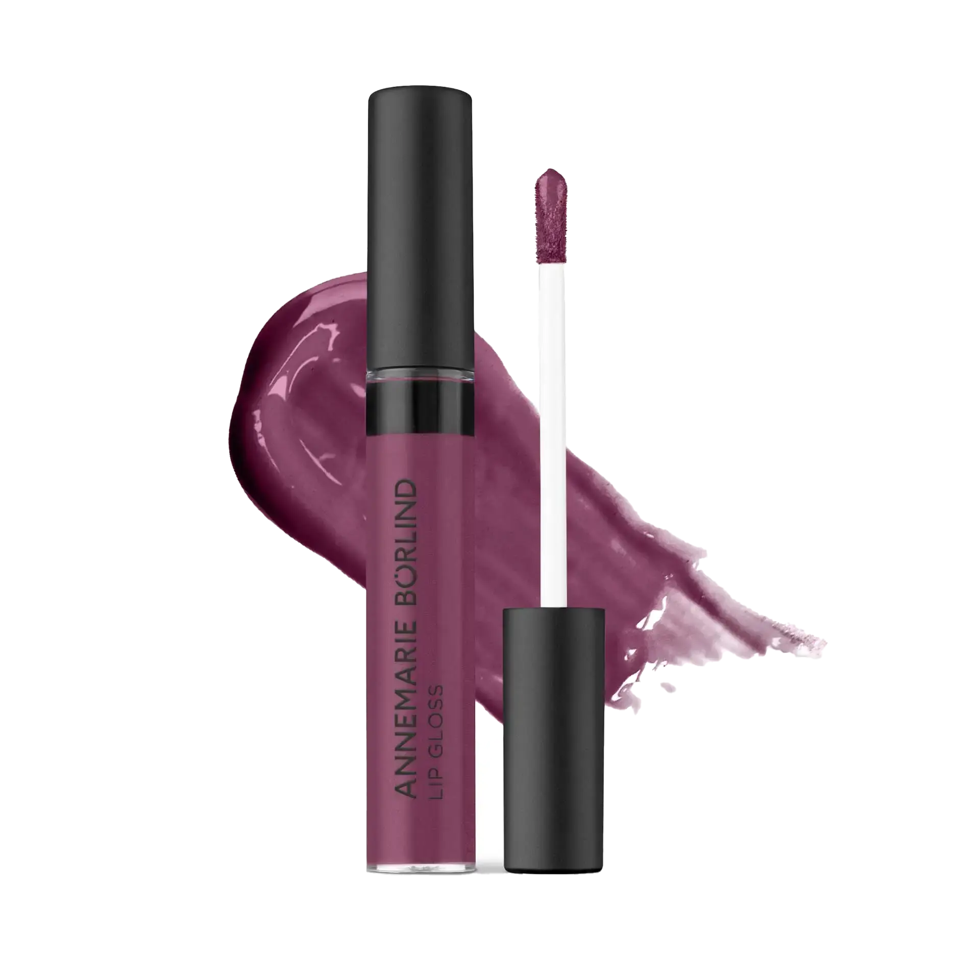 ANNEMARIE BÖRLIND Lip Gloss in dunklem Beerenton mit Applikator und Farbklecks im Hintergrund