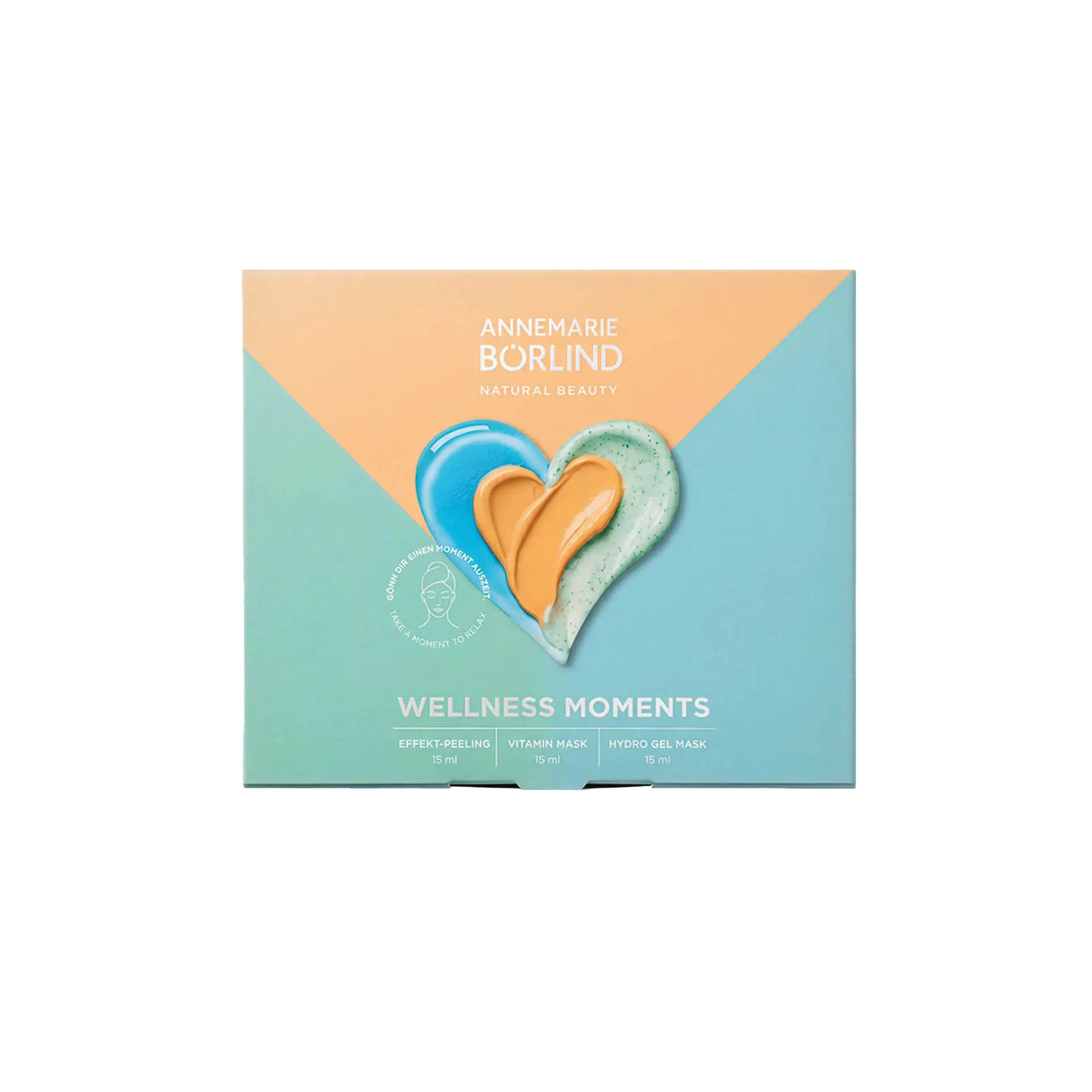 ANNEMARIE BÖRLIND Wellness Moments Set Abbildung der Faltschachtel in orange, grün, blau und Herz in der Mitte aus Texturen der Produkte