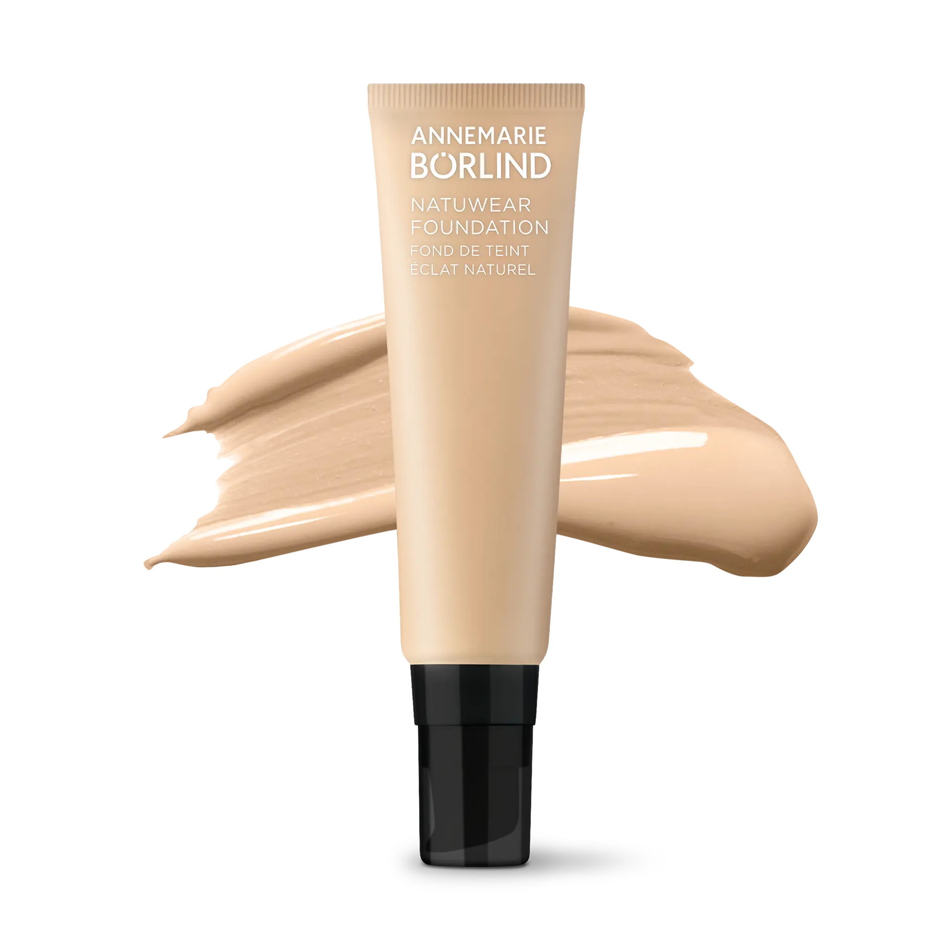 ANNEMARIE BÖRLIND NATUWEAR Foundation in Beige mit cremiger Textur als Swatch im Hintergrund