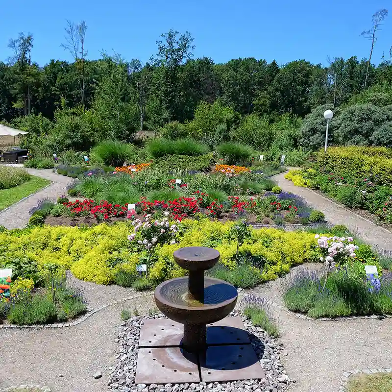 Kräutergarten auf dem Firmengelände von BÖRLIND mit Blumenbeeten und Brunnen an einem sonnigen Tag