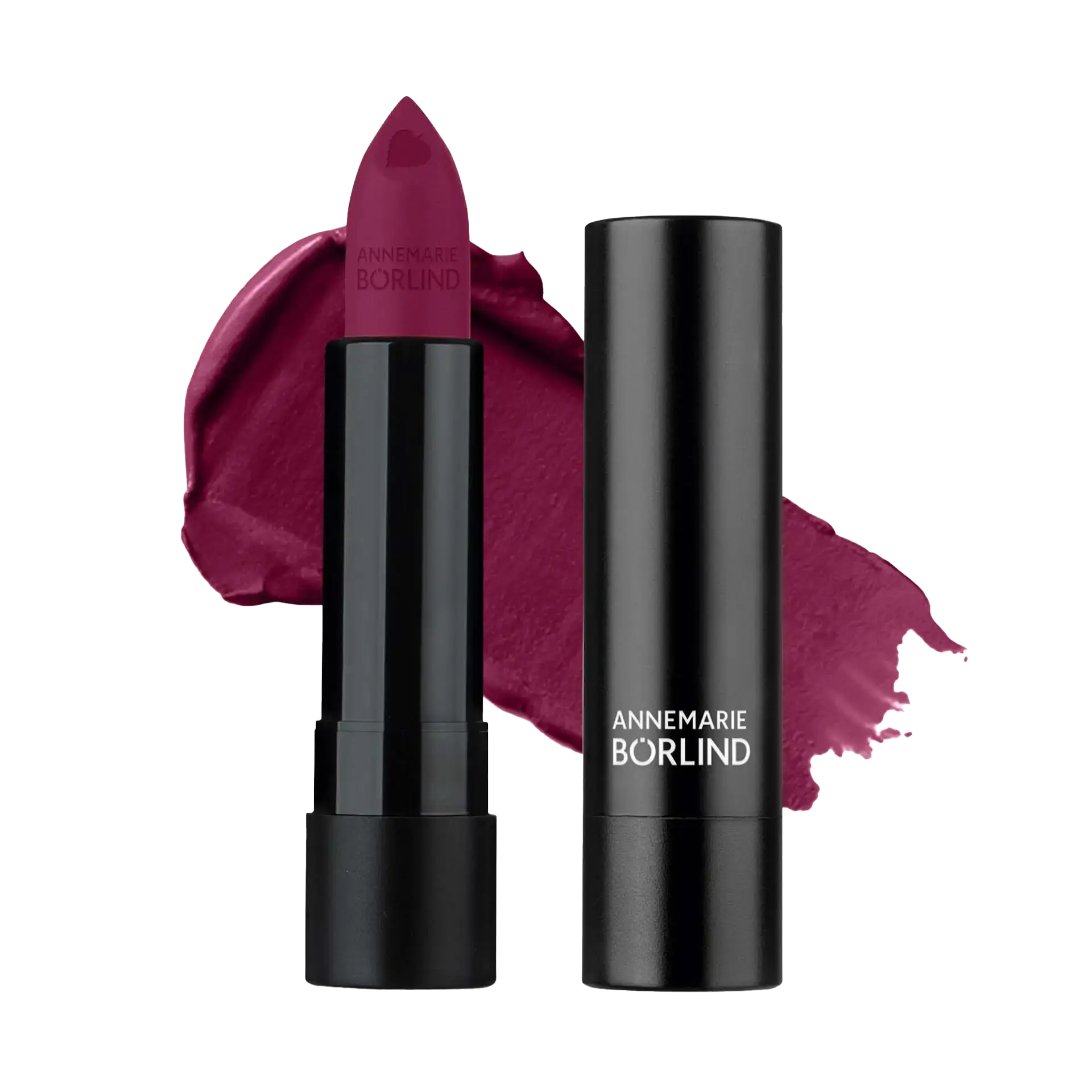 ANNEMARIE BÖRLIND Lippenstift matt in Beerenton mit schwarzer Hülse und Farbswatch im Hintergrund