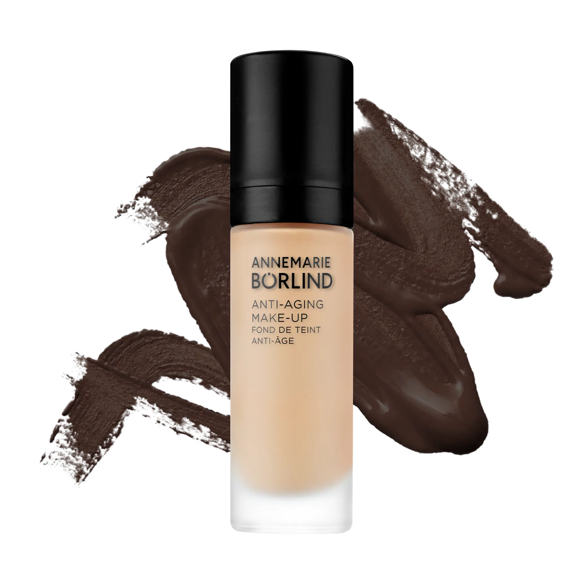 ANNEMARIE BÖRLIND Anti-Aging Make-up in Flasche vor dunklem Make-up-Swatch