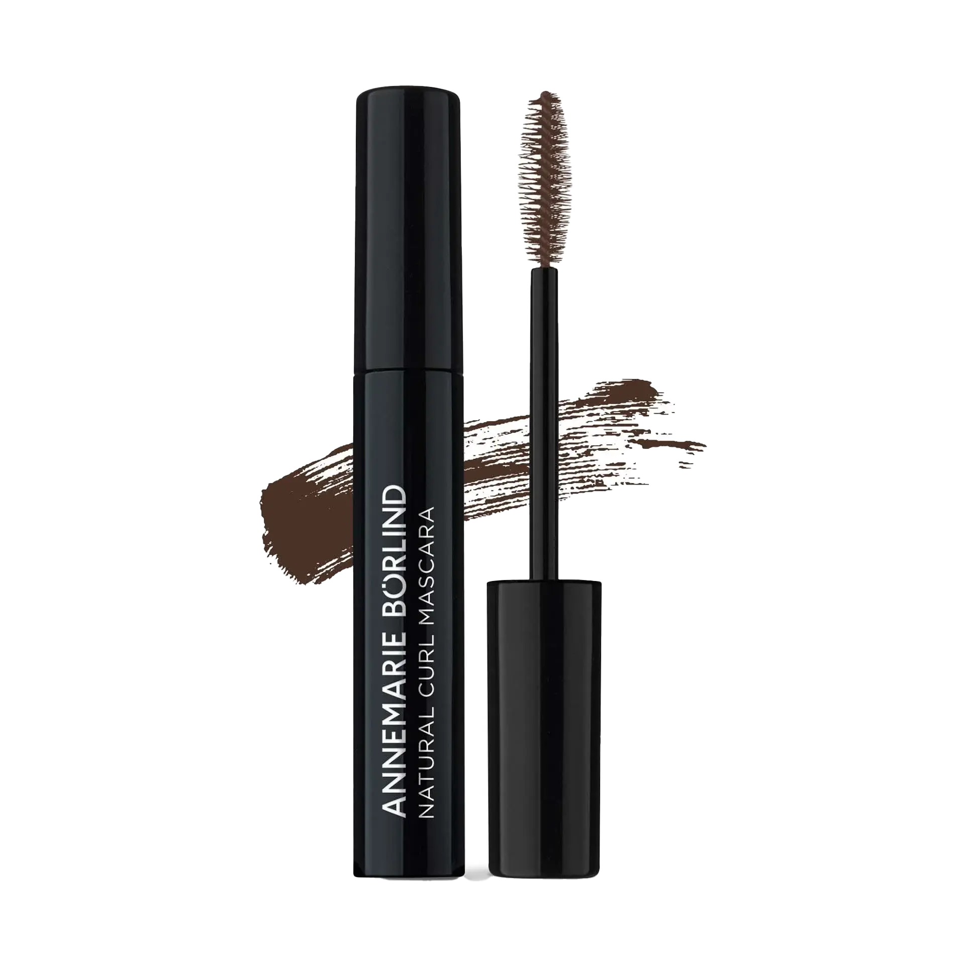 ANNEMARIE BÖRLIND Natural Curl Mascara in Braun mit Bürste und Farbstrich auf weißem Hintergrund