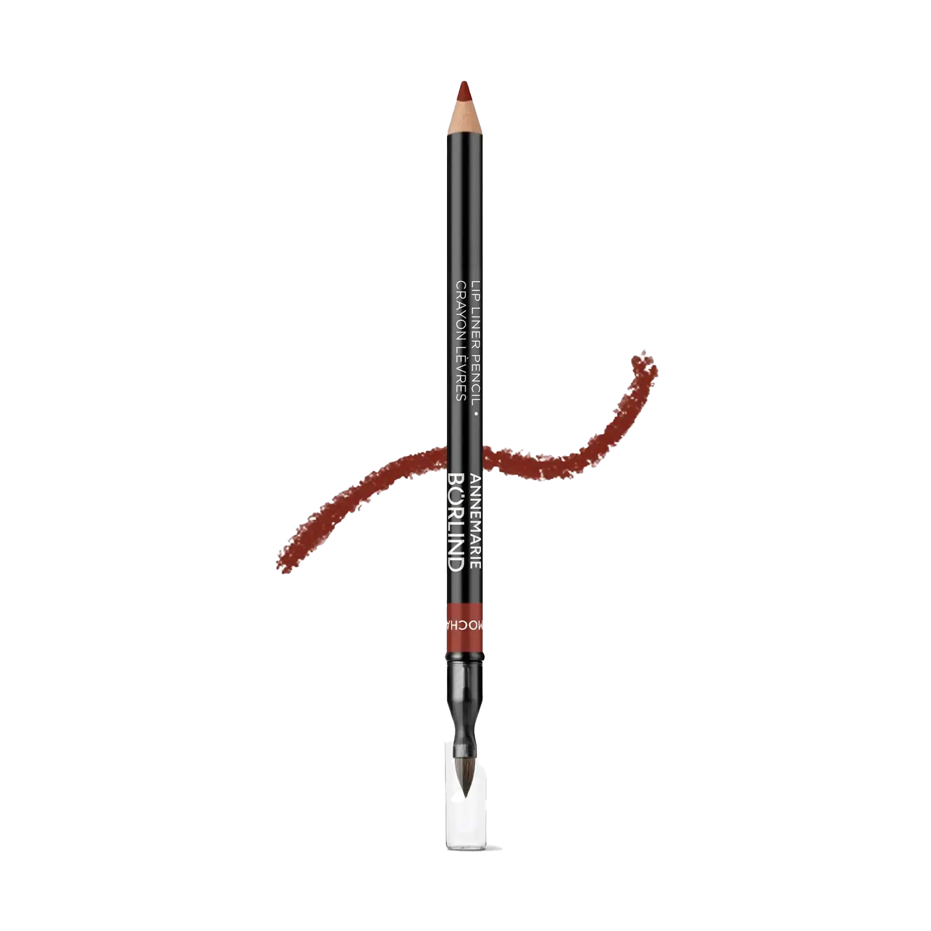 ANNEMARIE BÖRLIND Lip Liner Pencil in Mocha mit Pinsel und braunem Farbstrich auf weißem Hintergrund