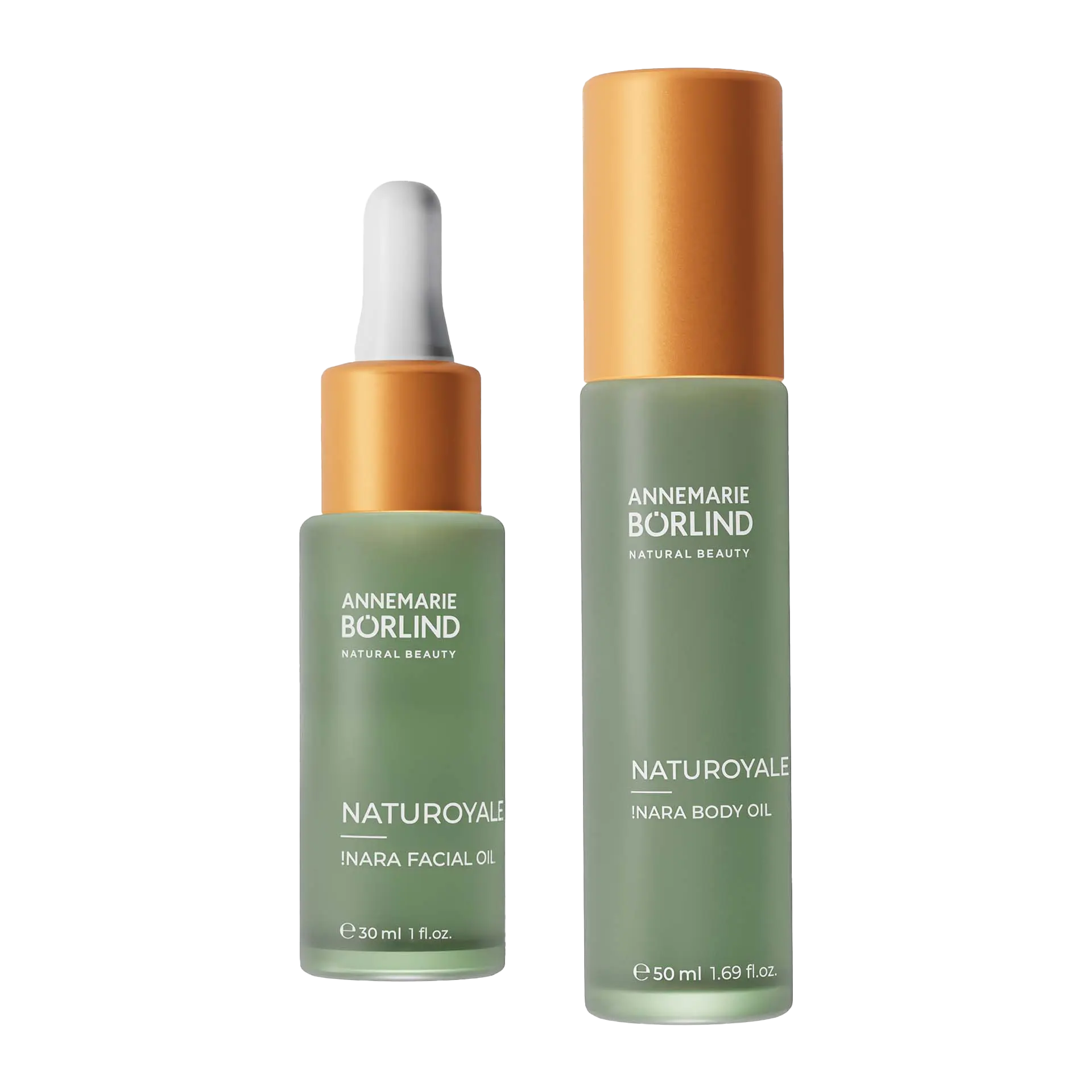 NATUROYALE Nara Facial Oil und Nara Body Oil in grüner Flasche abgebildet