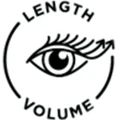Symbol mit Auge, Pfeilen und Text "LENGTH" und "VOLUME" in Schwarz auf weißem Hintergrund