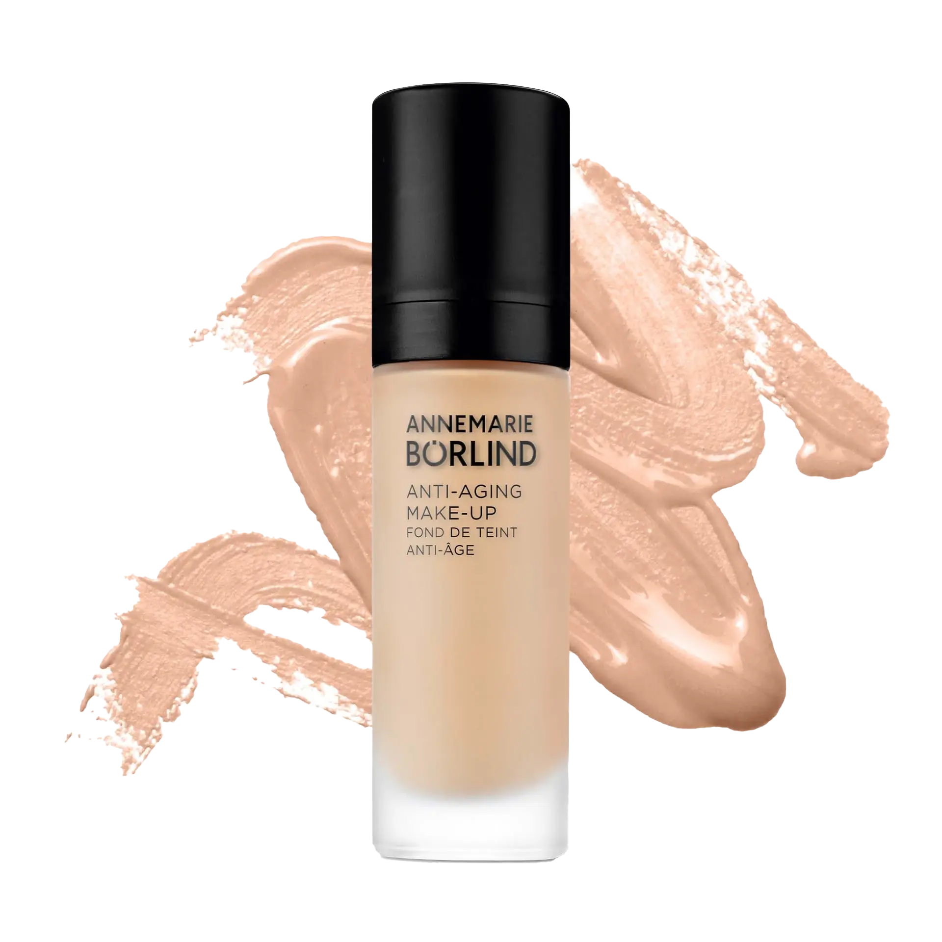 ANNEMARIE BÖRLIND Anti-Aging Make-up in Flasche vor cremigem, hellbeigem Make-up-Swatch