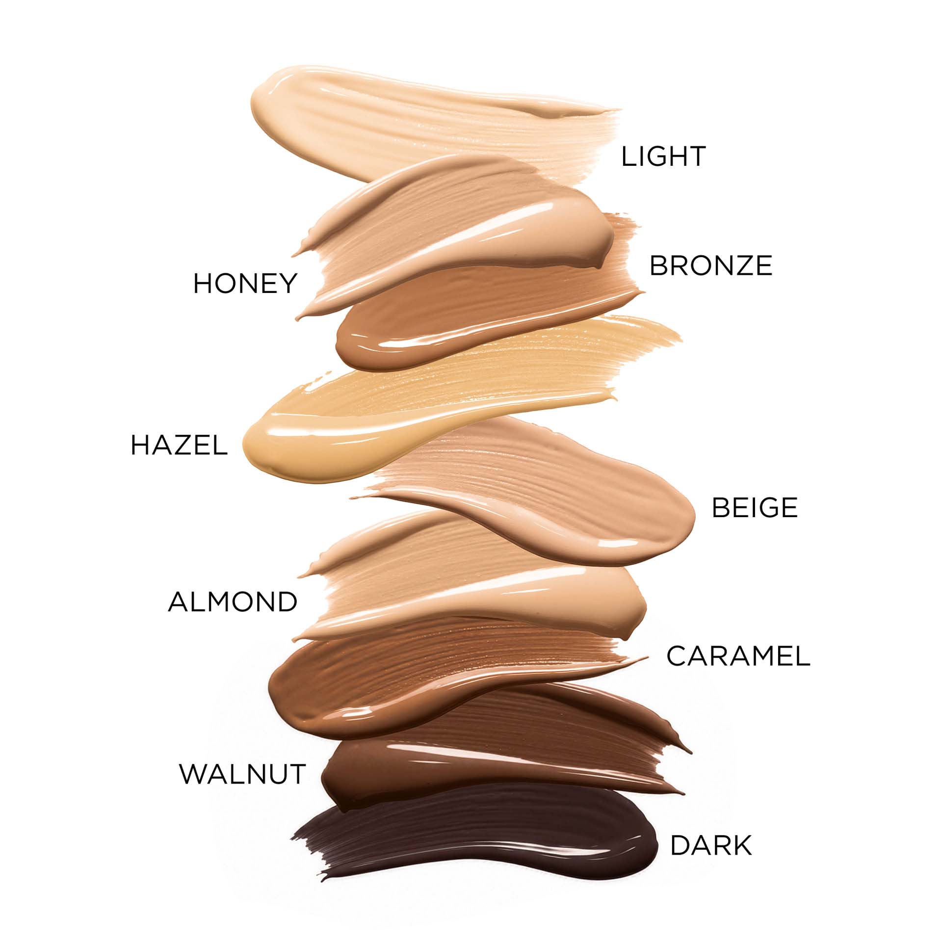 ANNEMARIE BÖRLIND Make-up Teint Anti-Aging in der Farbe Honey, Caramel, Walnut, Dark cremige Textur auf weißem Hintergrund
