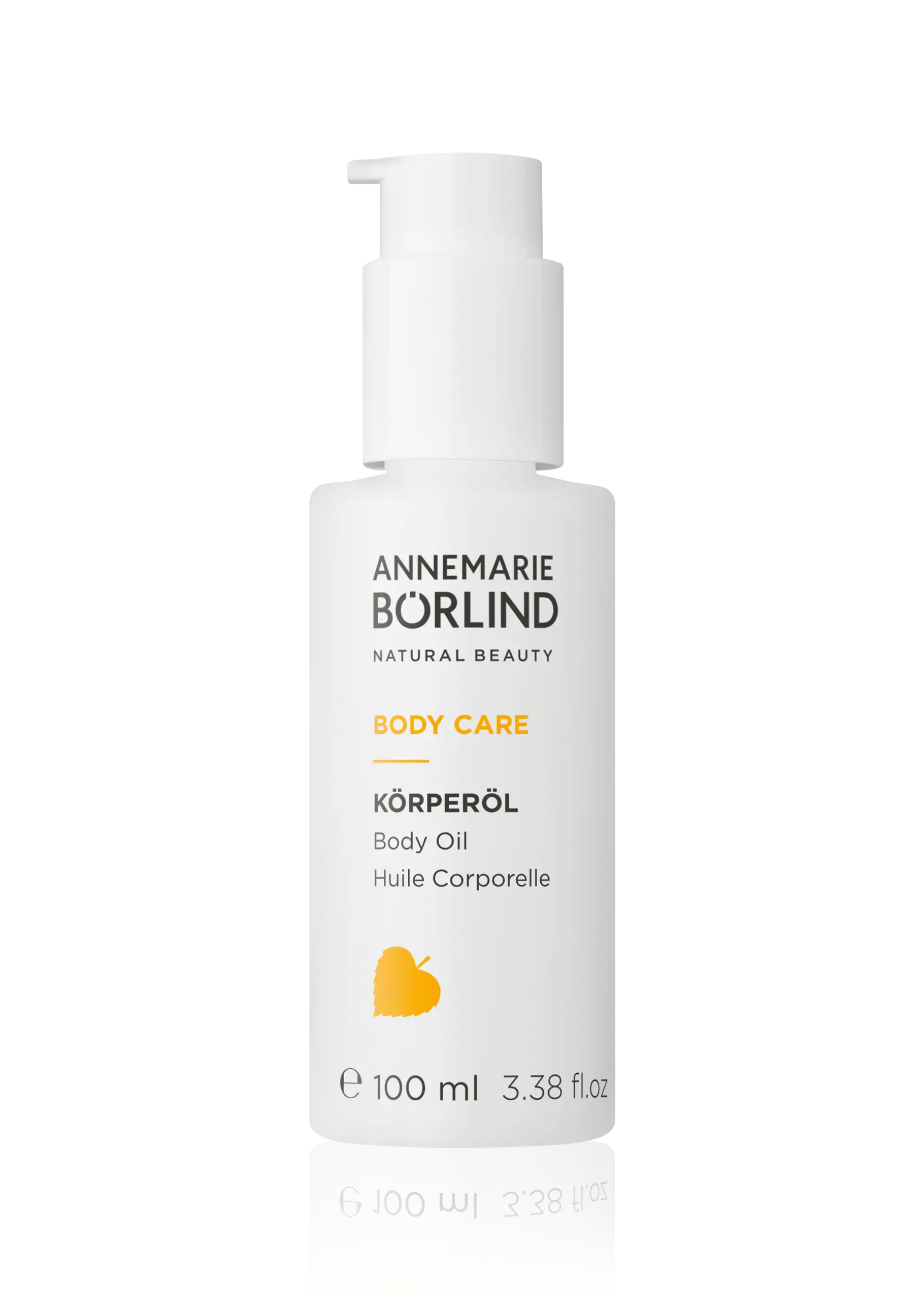 ANNEMARIE BÖRLIND BODY CARE Körperöl im 100-ml-Spender mit orangenem Blatt-Symbol auf weißem Hintergrund