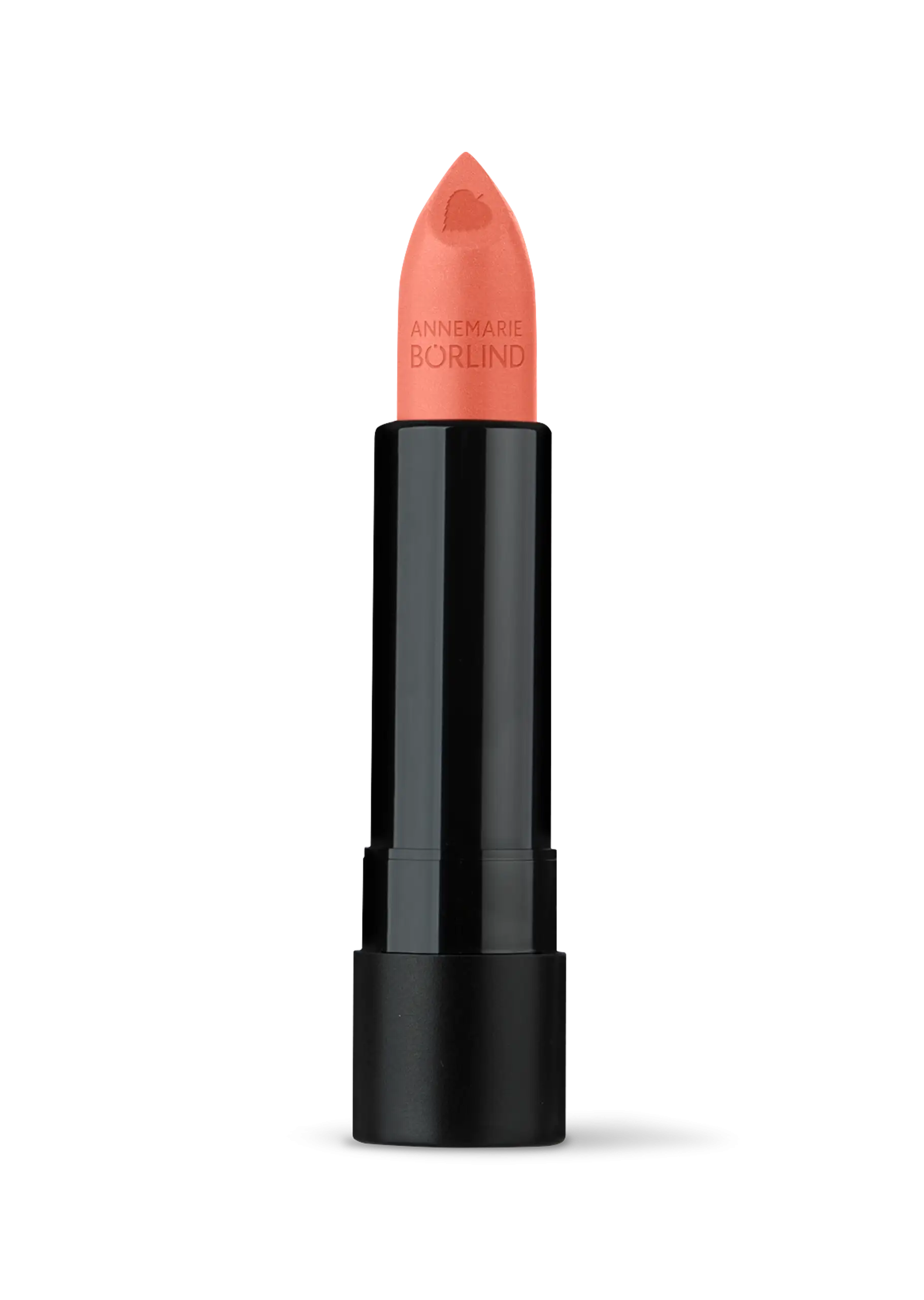 ANNEMARIE BÖRLIND Lippenstift in Pfirsich mit Herzprägung, schwarzes Gehäuse, offen sichtbar