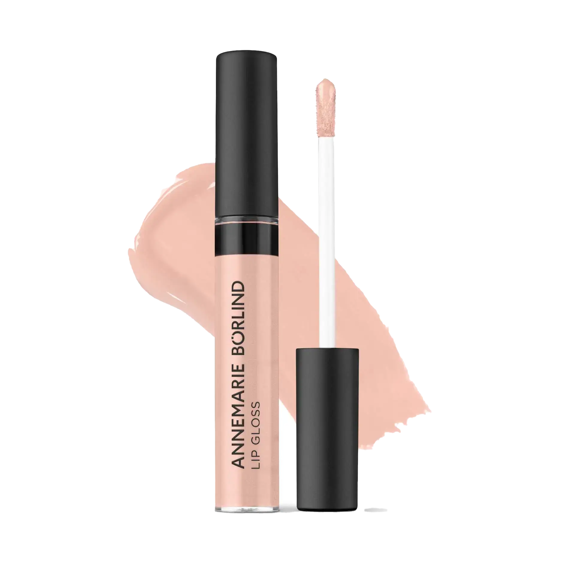 ANNEMARIE BÖRLIND Lip Gloss in Nude mit Applikator und Farbswatch im Hintergrund