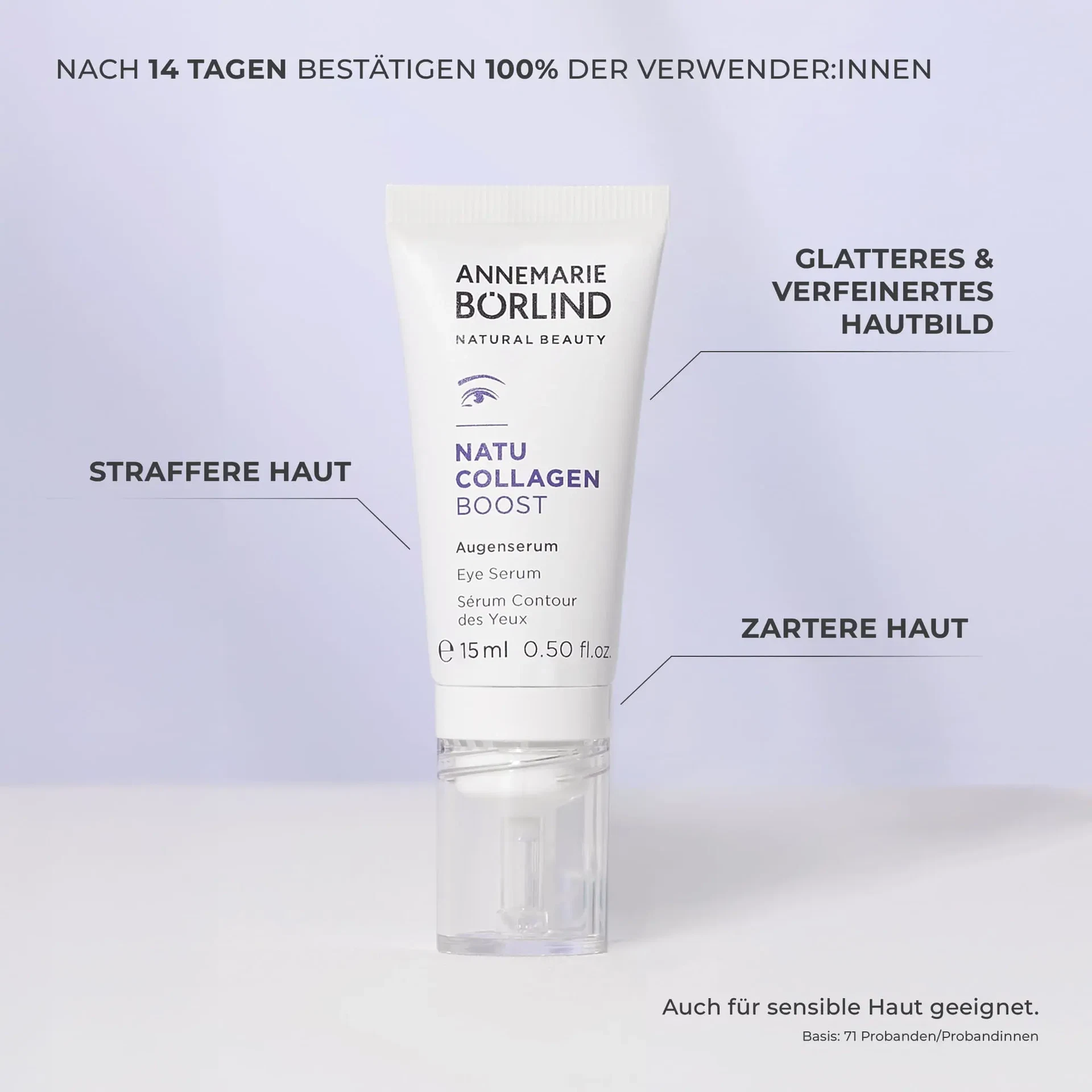NATUCOLLAGEN BOOST Augenserum von ANNEMARIE BÖRLIND mit Claims zu strafferer, glatterer, verfeinerter und zarterer Haut; 100 % bestätigen die Wirkung nach 14 Tagen