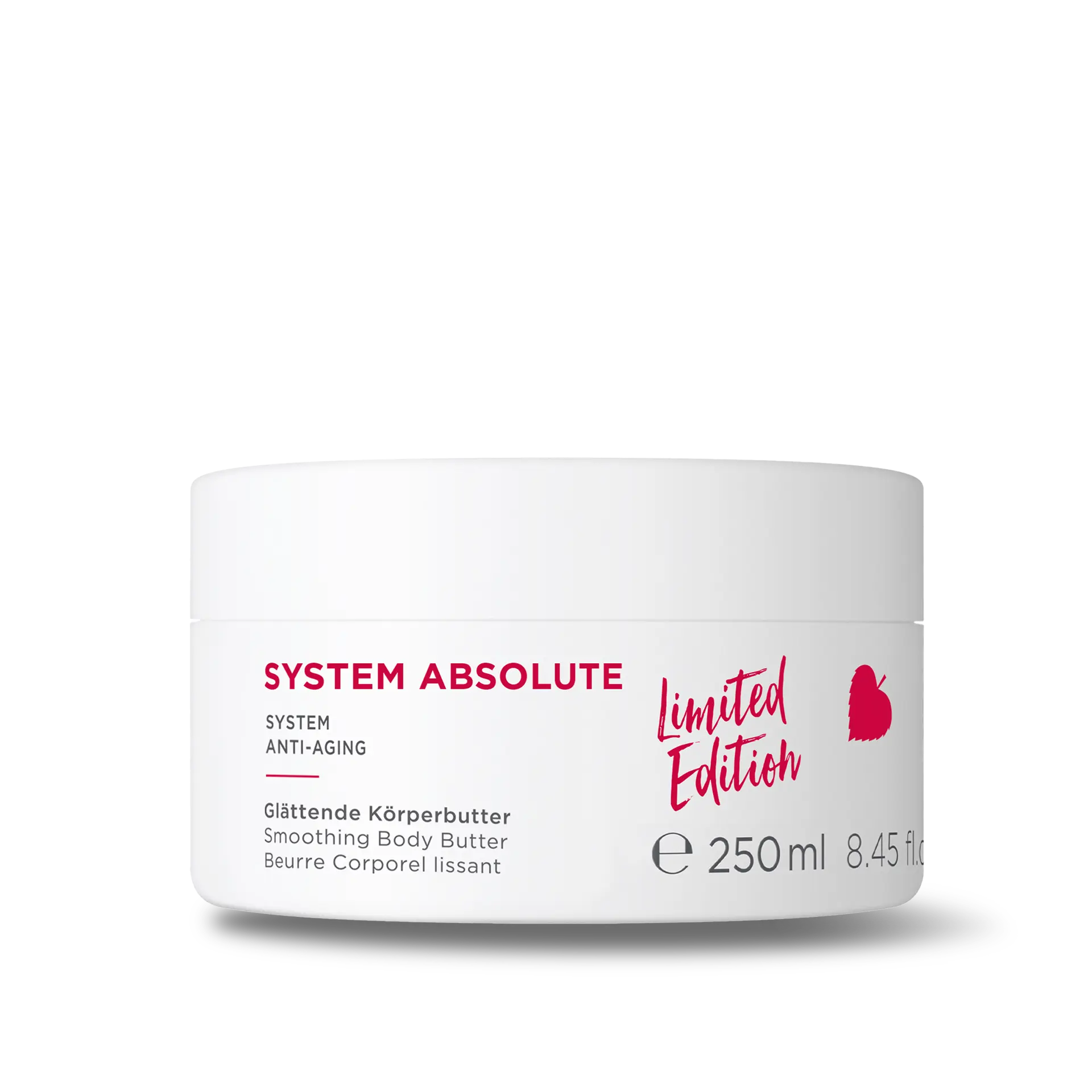 SYSTEM ABSOLUTE glättende Körperbutter Limited Edition im 250-ml-Tiegel auf reflektierender Oberfläche