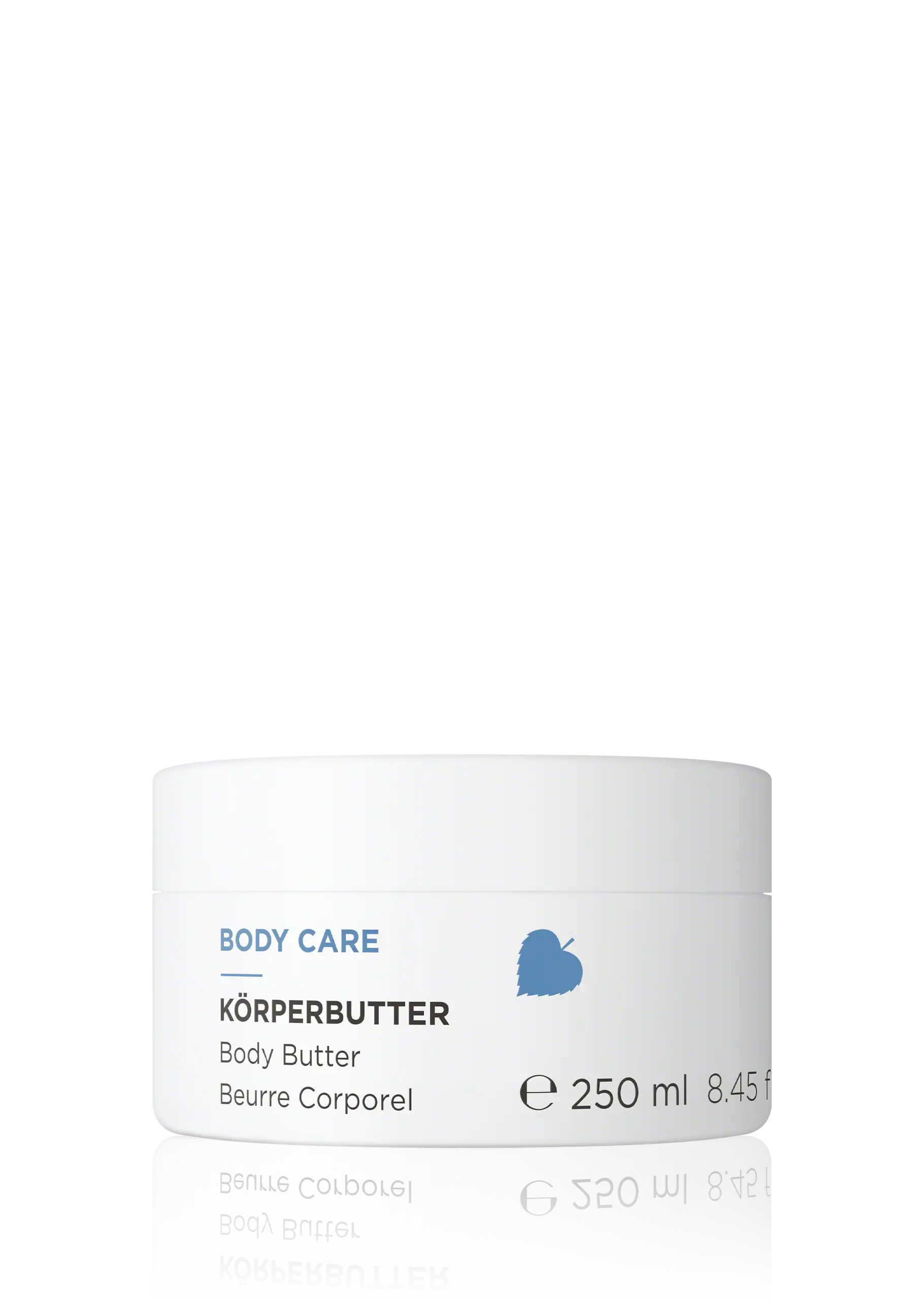 BODY CARE Körperbutter im 250-ml-Tiegel mit blauem Blatt-Symbol auf weißem Hintergrund