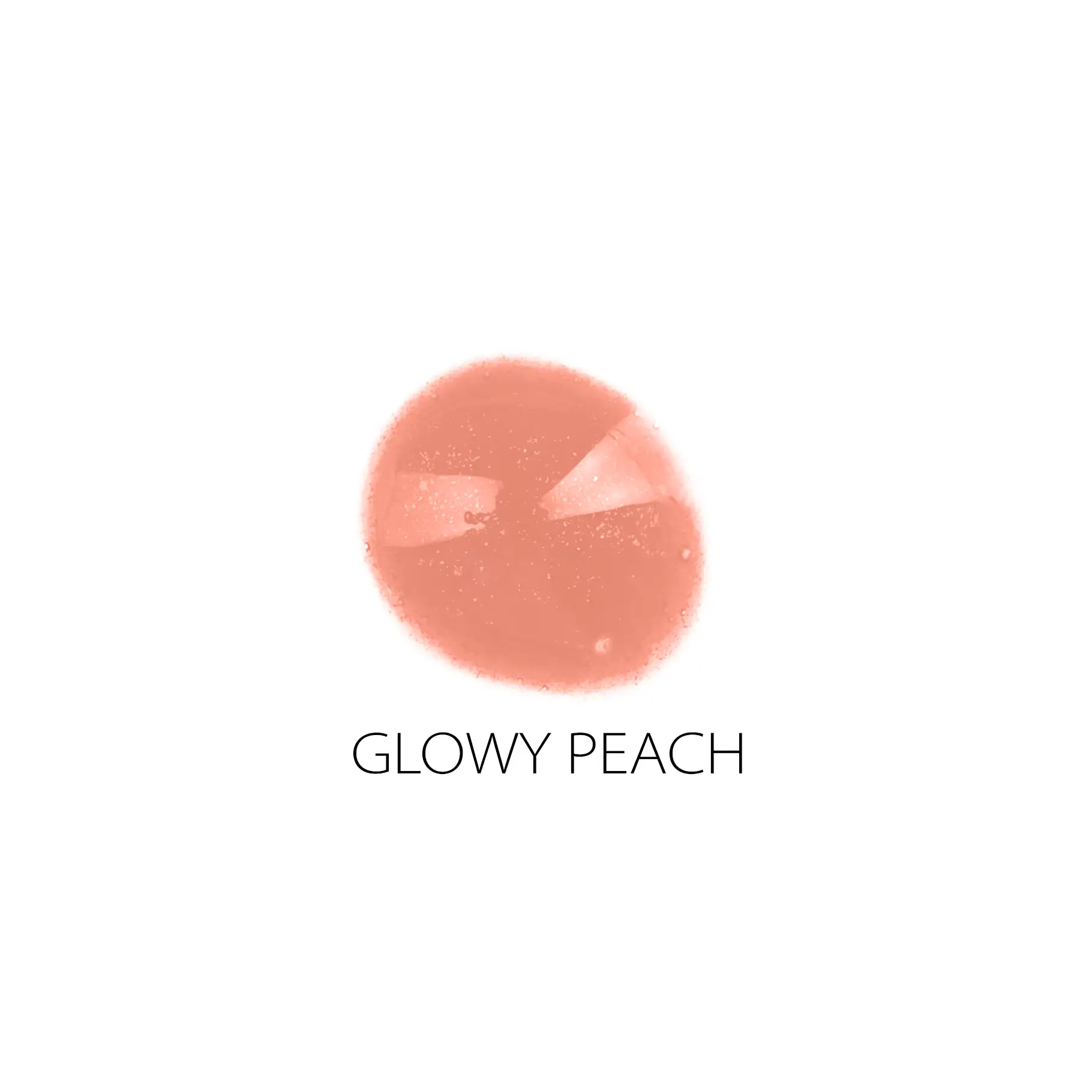 Glänzende Lippenstift-Textur in Pfirsichfarbe mit dem Namen GLOWY PEACH auf weißem Hintergrund