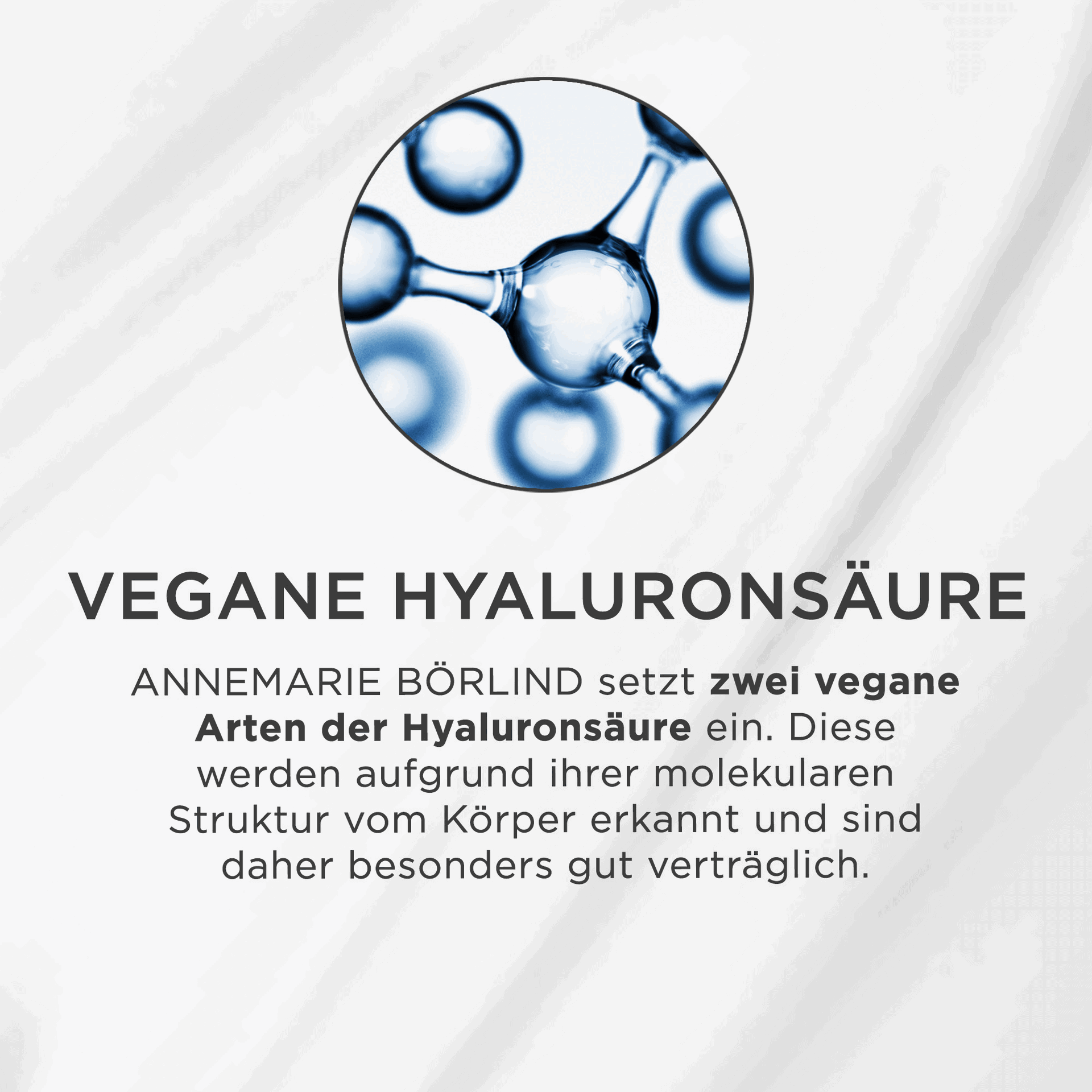 Molekülstruktur in blau, Text zu veganer Hyaluronsäure von ANNEMARIE BÖRLIND und deren Verträglichkeit