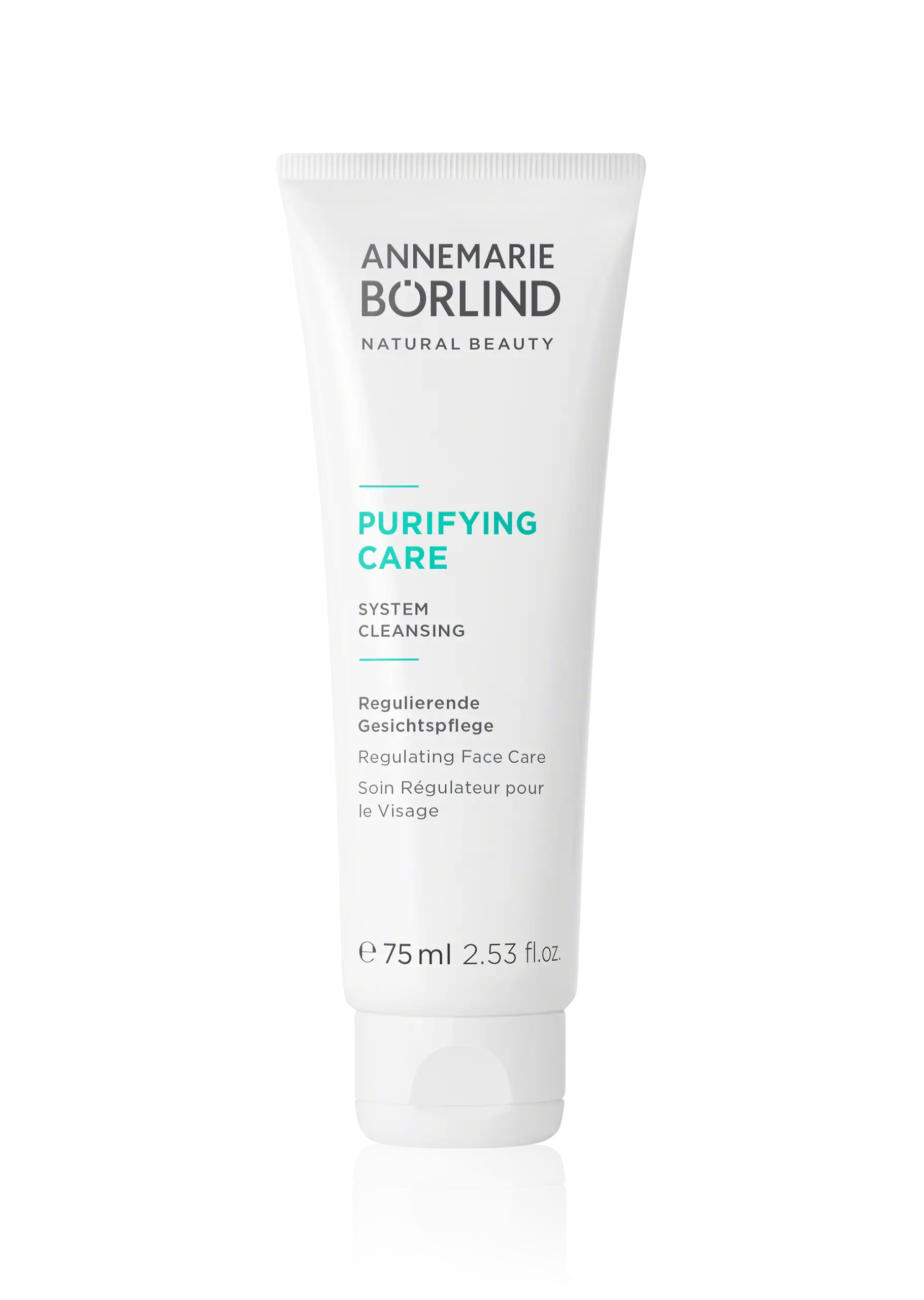 ANNEMARIE BÖRLIND PURIFYING CARE regulierende Gesichtspflege in 75 ml Tube vor schwarzem Hintergrund