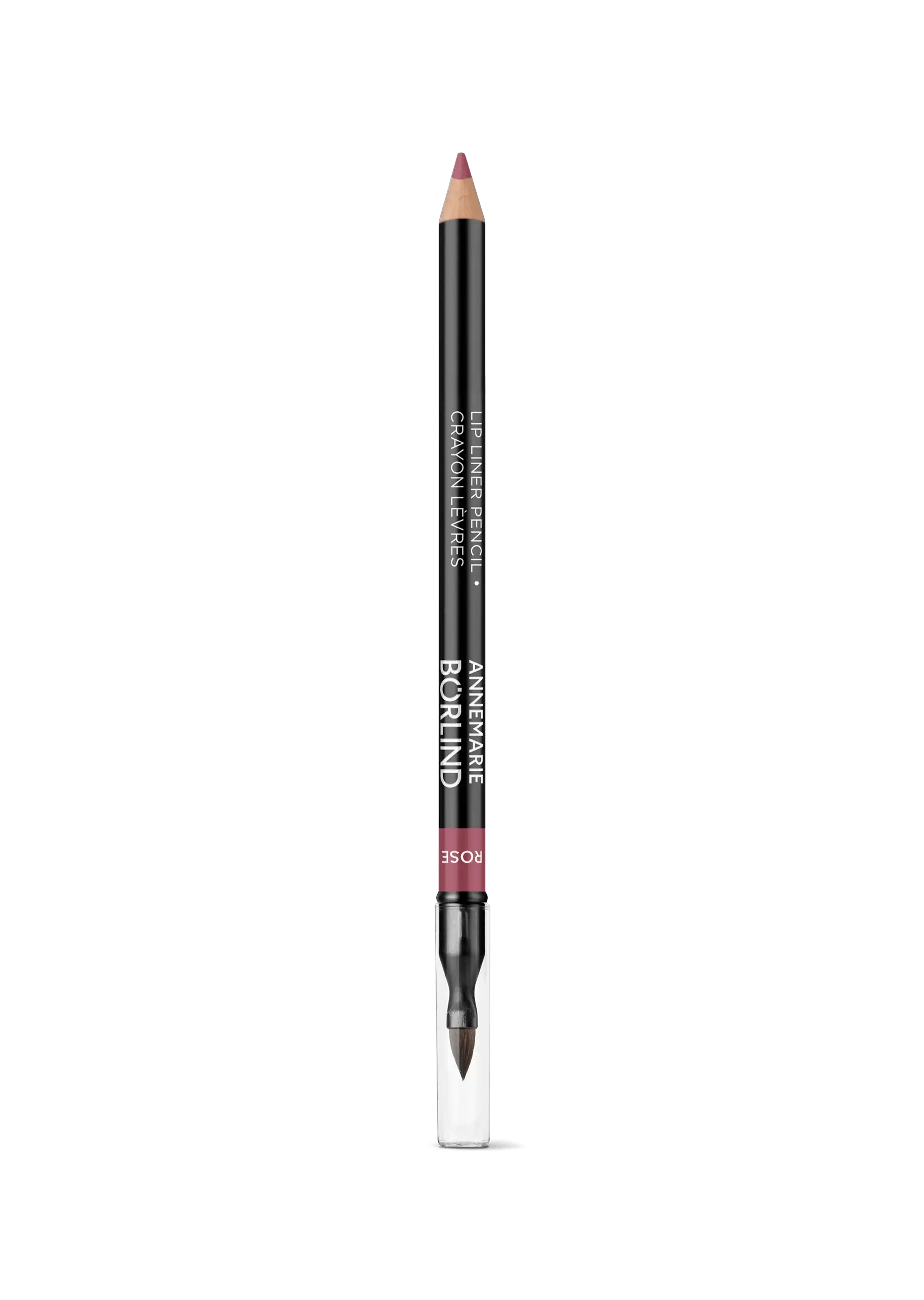 ANNEMARIE BÖRLIND Lippenkonturenstift in Rosé mit Pinsel und transparentem Schutzkappe auf schwarzem Hintergrund